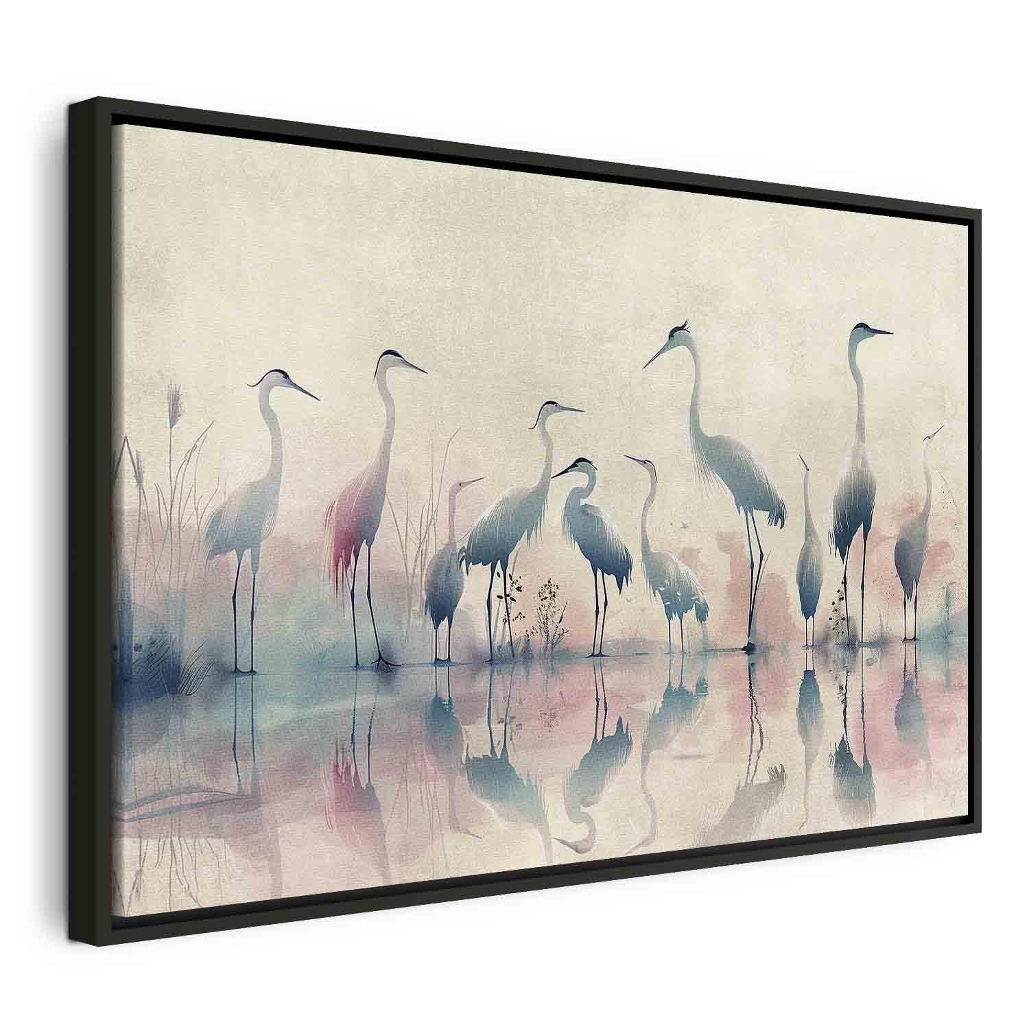 Billede på lærred med hejrer ved søen i akvarel - 90 x 60 cm - I en sort træramme