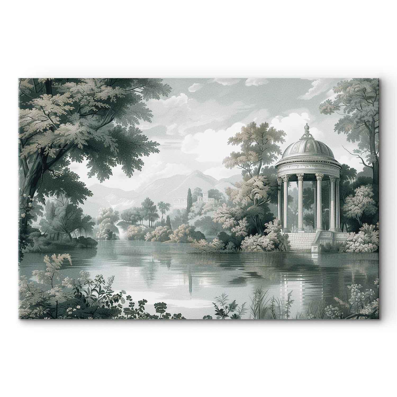 Lærredsbillede med retro landskab og sø i grønne nuancer - 120 x 80 cm - Premium Print