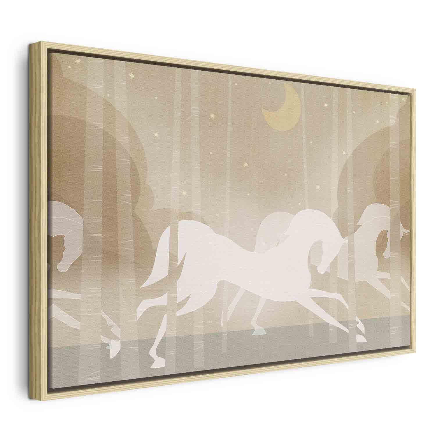 Billede på lærred til børn - Moon Horses i stjerneklar skov - 120 x 80 cm - I en naturlig træramme