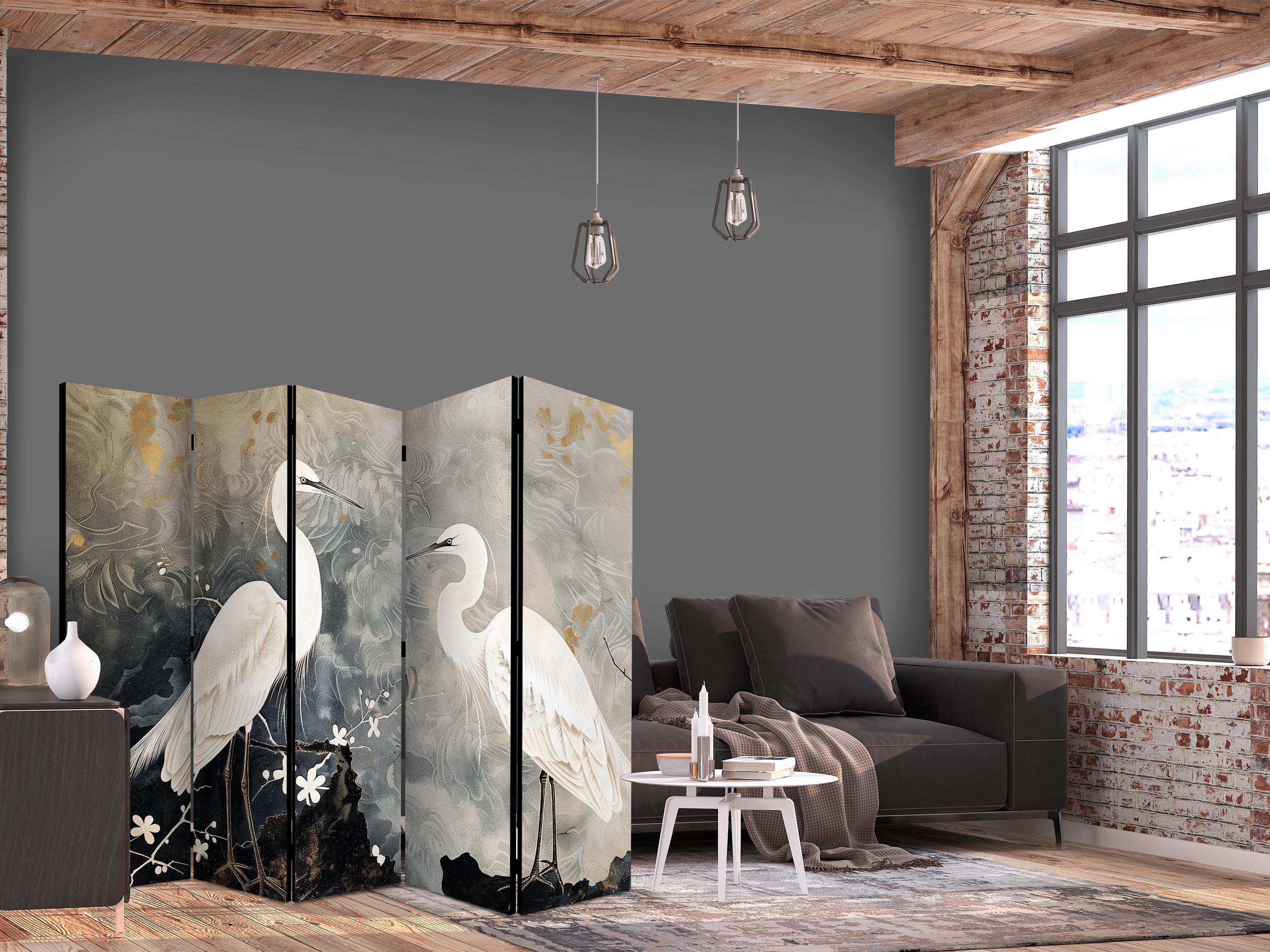 5-panels skærmvæg med hejrer og kirsebærblomster i orientalsk stil - 225 x 172 cm - Enkeltsiddet