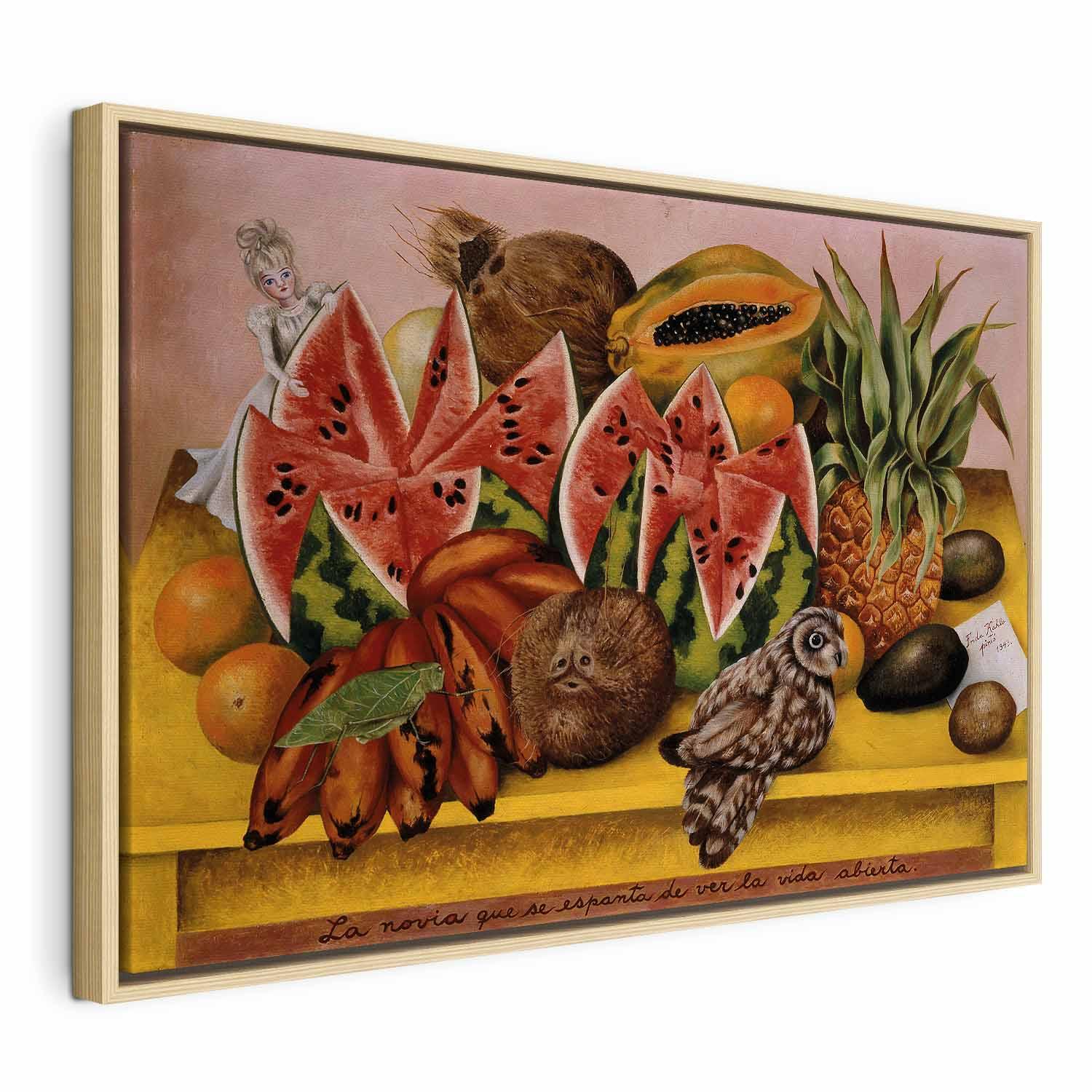 Frida Kahlo billede på lærred - En brud skræmt ved synet af livet åbnet - 60 x 40 cm - I en naturlig træramme