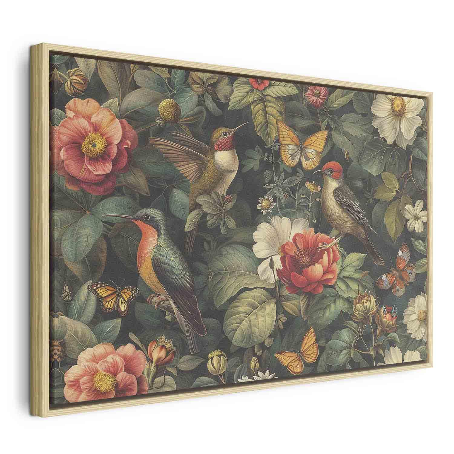 Lærredsbillede med blomster, fugle og sommerfugle i vintagestil - 90 x 60 cm - I en naturlig træramme