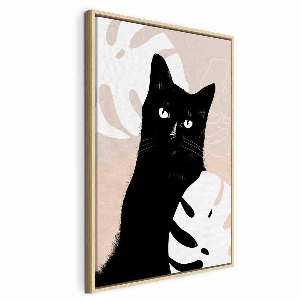 Lærredsbillede Kat i Monstera 1-delt lodret - 40 x 60 cm - I en naturlig træramme