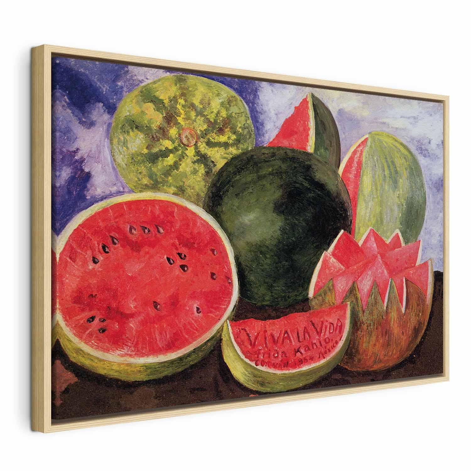 Frida Kahlo Viva la Vida billede på lærred - 60 x 40 cm - I en naturlig træramme