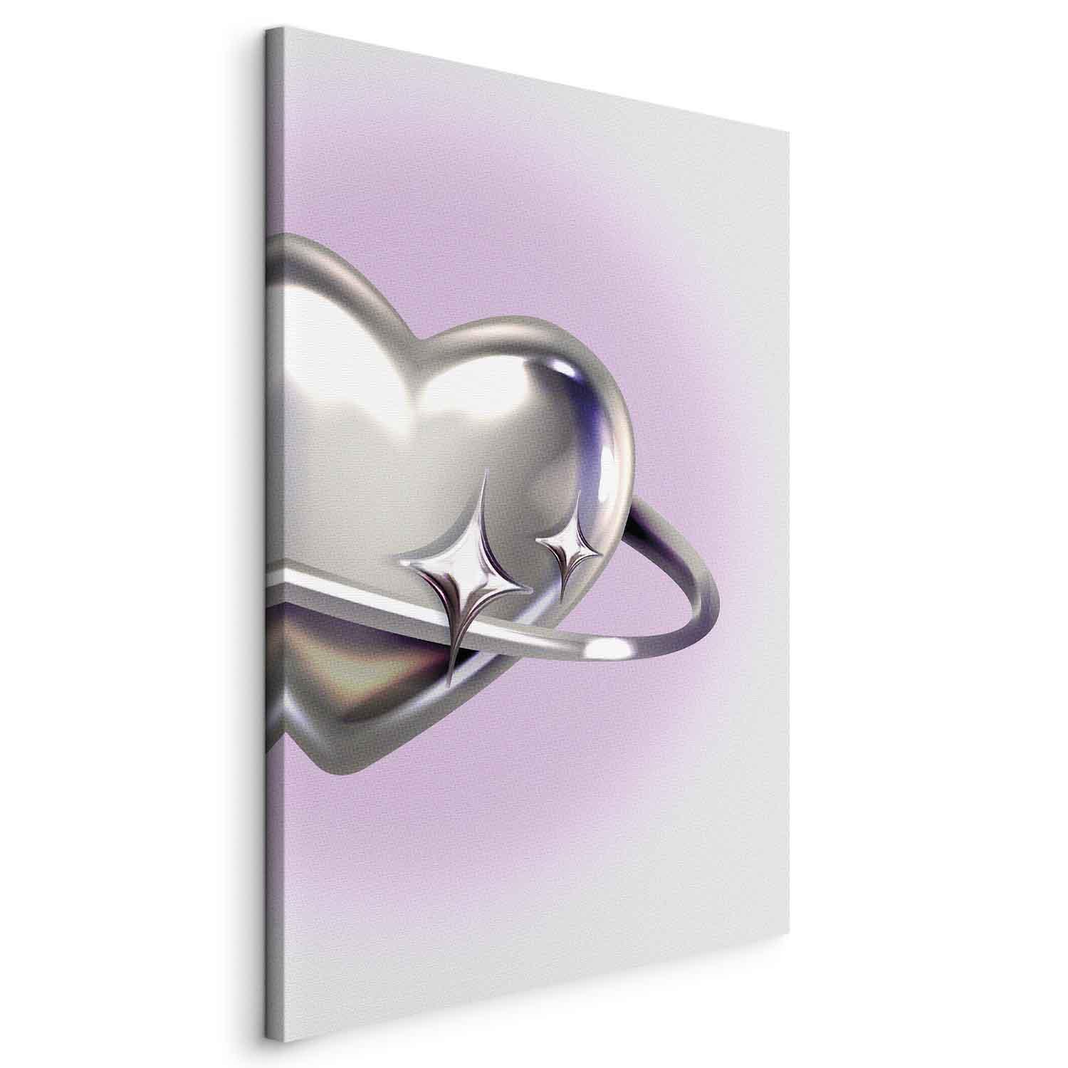 Billede på lærred - Cosmic Heart - Sølvhjerte med ring på lilla baggrund - 20 x 30 cm - På italiensk lærred