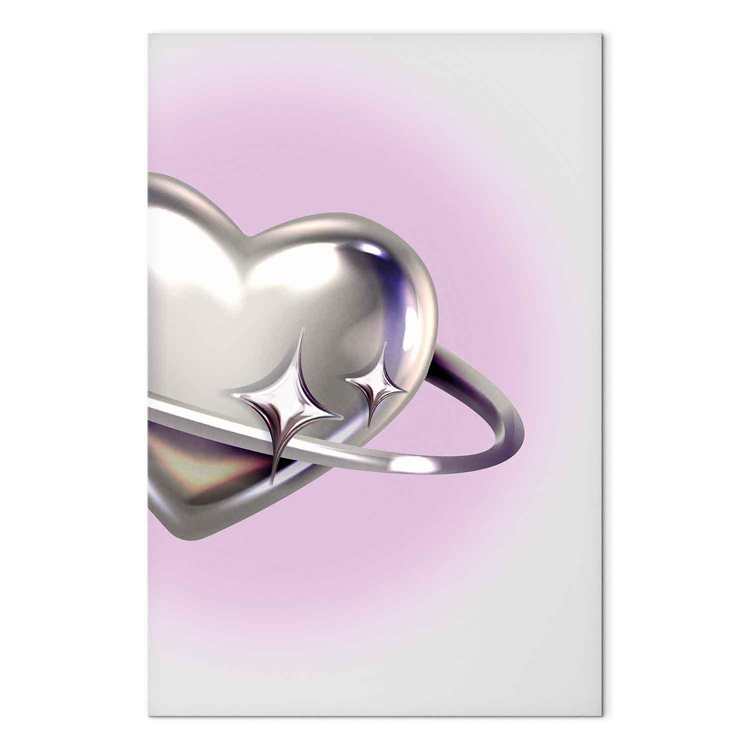 Billede på lærred - Cosmic Heart - Sølvhjerte med ring på lilla baggrund - 20 x 30 cm - Premium Print