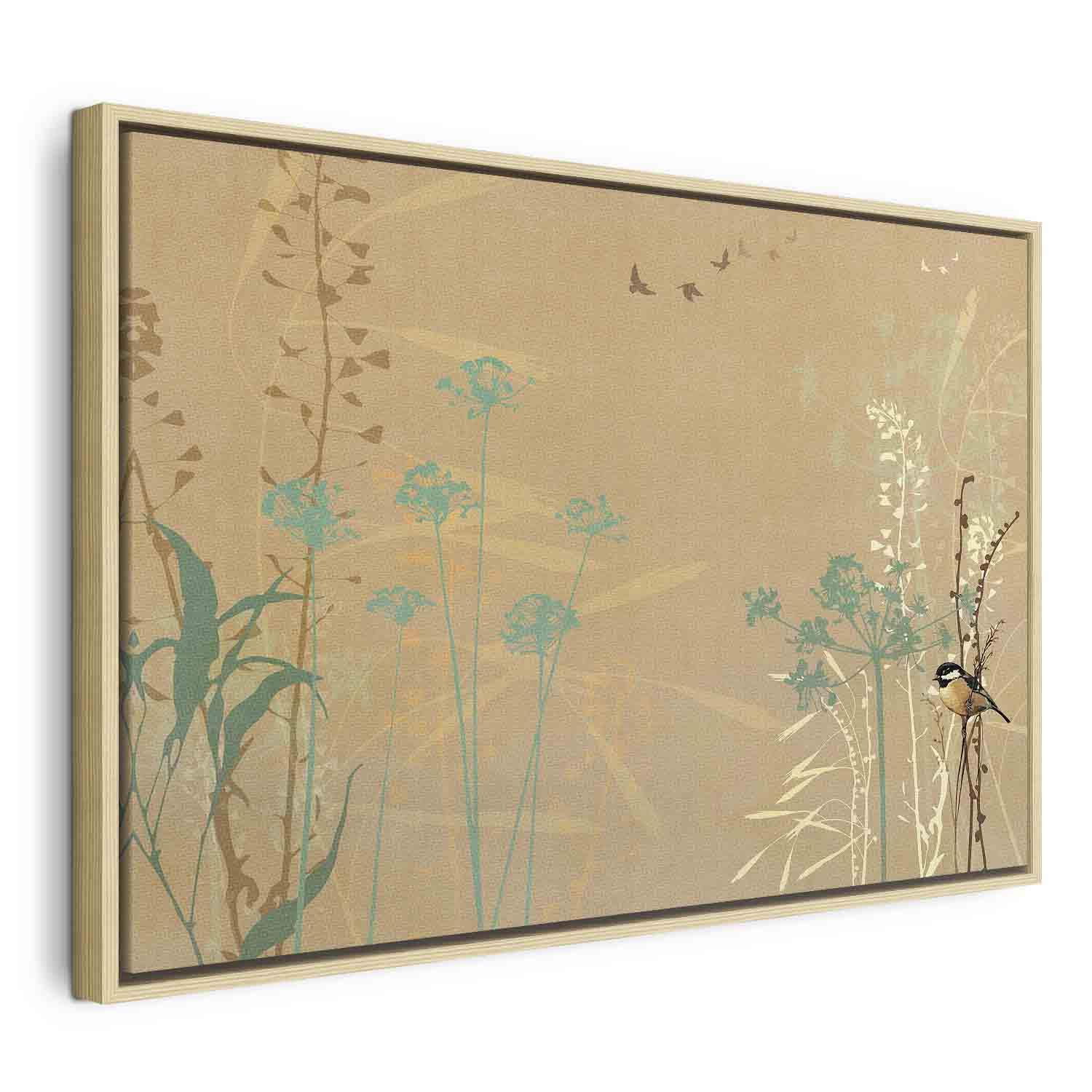 Lærredsbillede Tiny Bird - Farverige græsser i solnedgangens gyldne nuancer - 120 x 80 cm - I en naturlig træramme