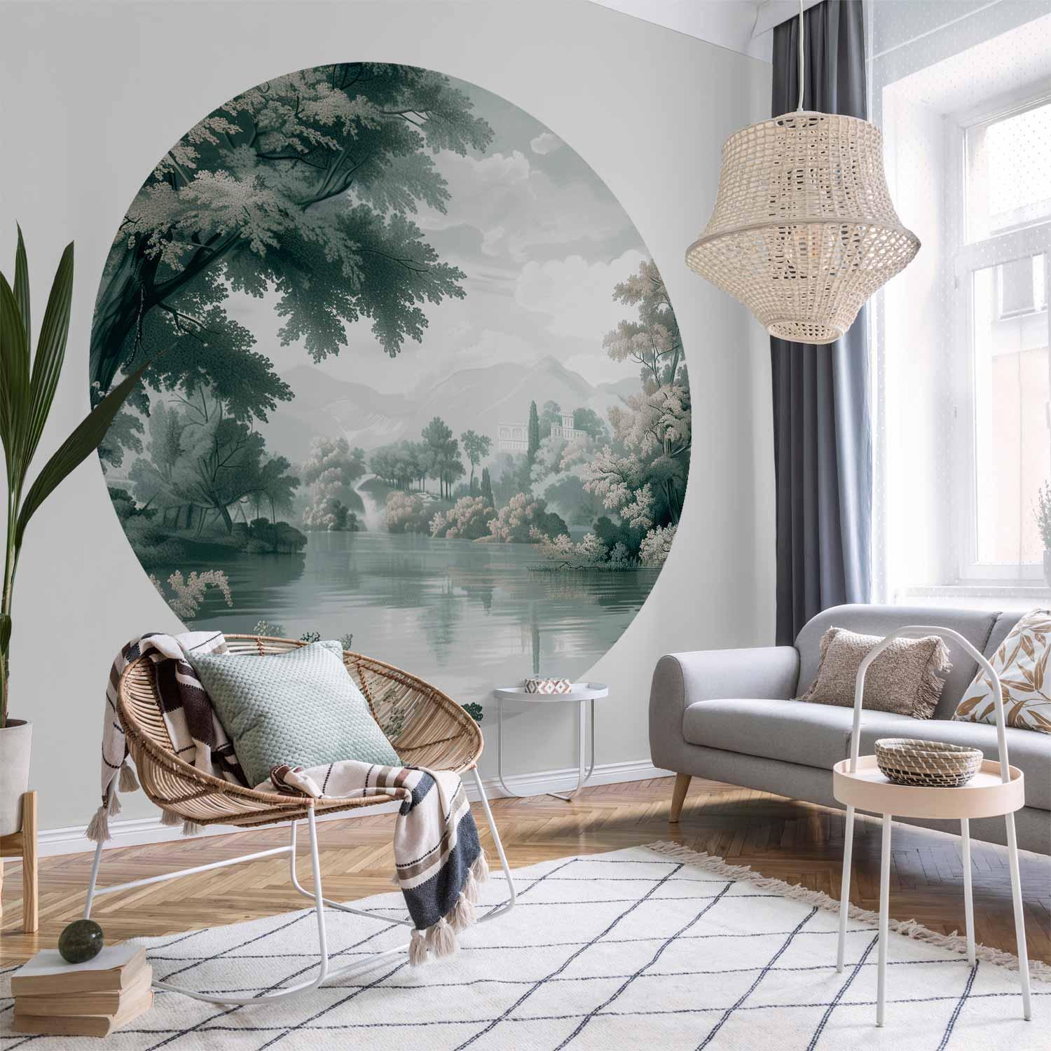 Rundt fototapet med landskab, park og sø i retrogrønne nuancer - 140 x 140 cm