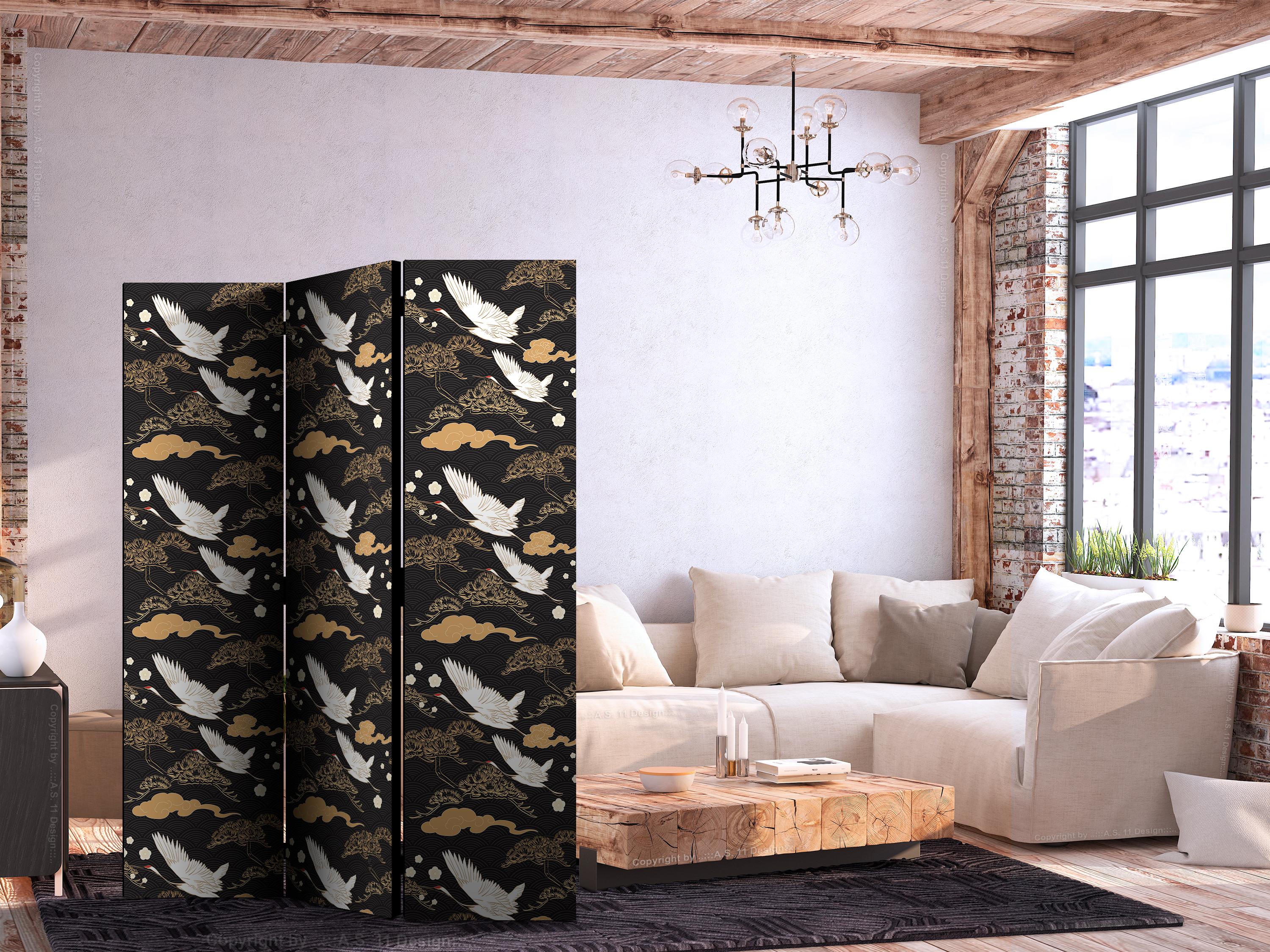 Skærmvæg med traner på mørk baggrund - 3-panels rumdeler - 135 x 172 cm - Dobbeltsiddet