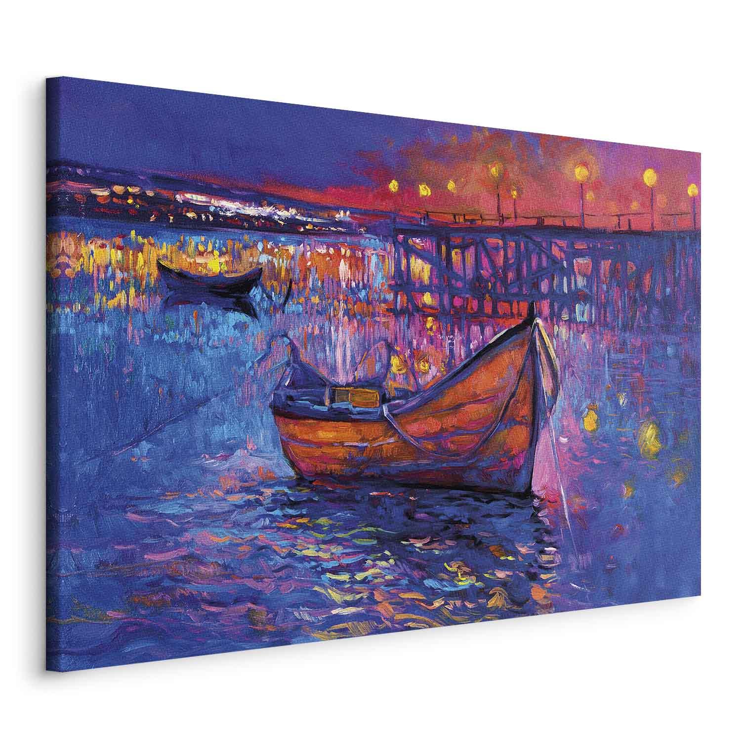 XXL lærredsbillede - moderne impressionisme, nattelandskab med båd - 140 x 93 cm