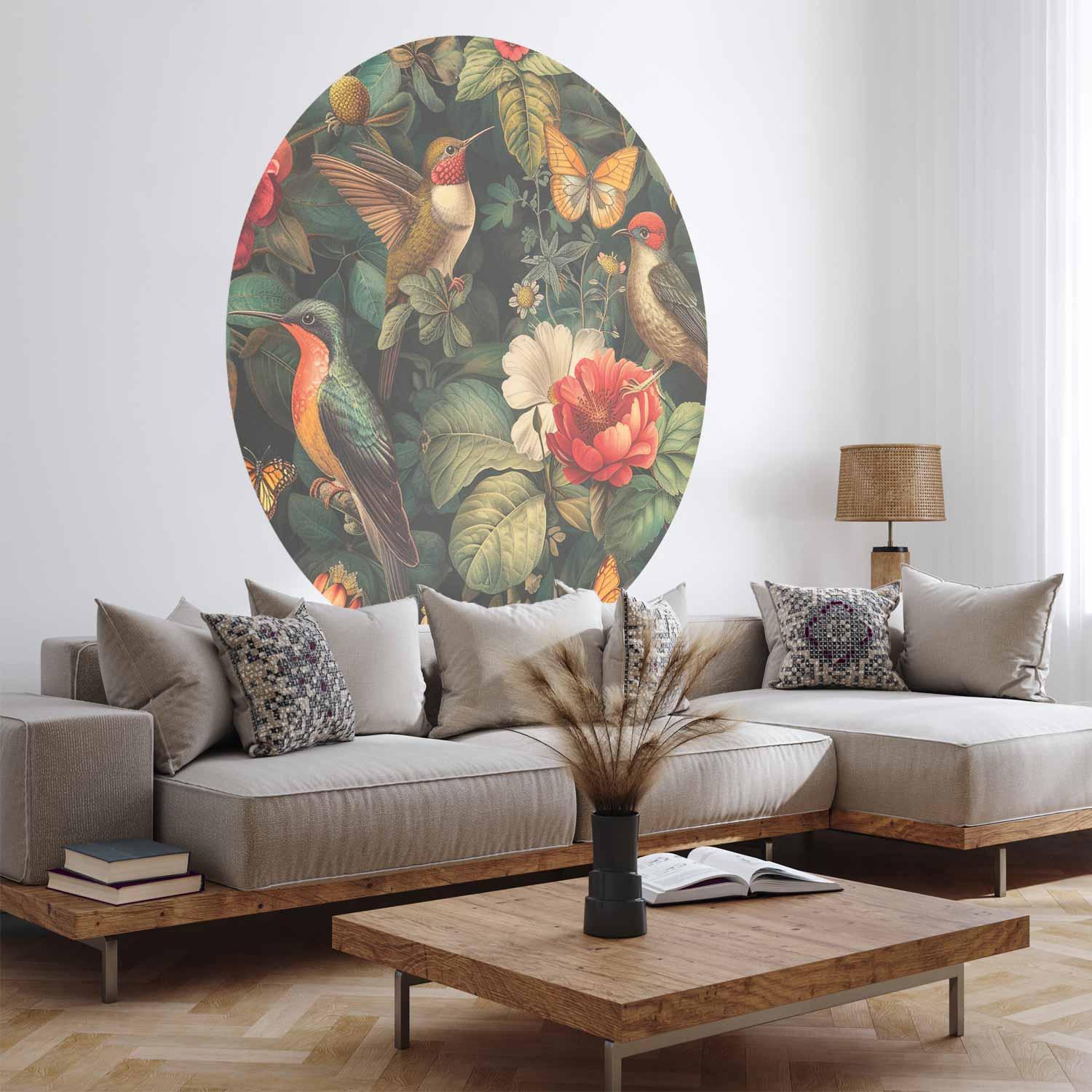 Rundt fototapet med blomster, fugle og sommerfugle i vintagestil - 140 x 140 cm