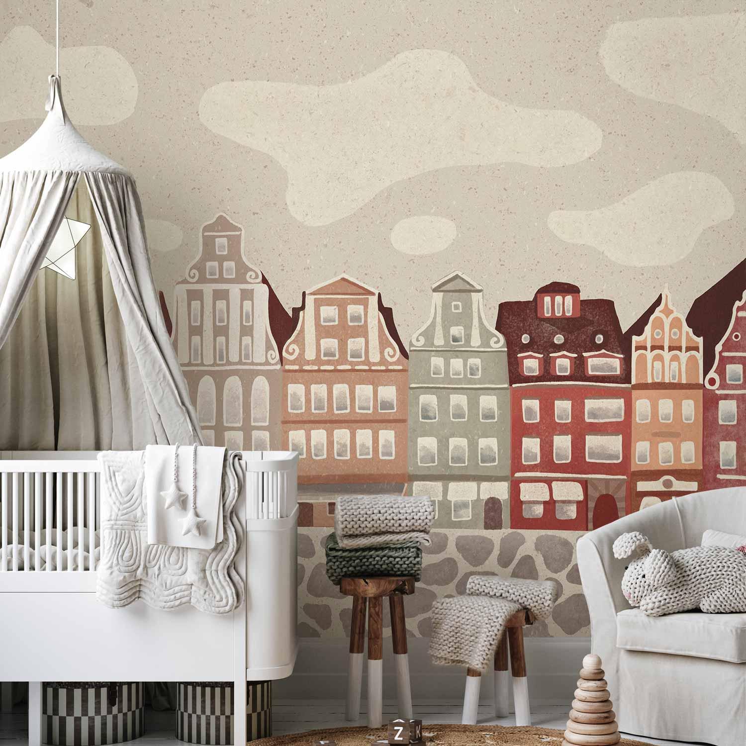 Fototapet til børn - farverige byhuse under skyet himmel - 400 x 280 cm - Vandtæt