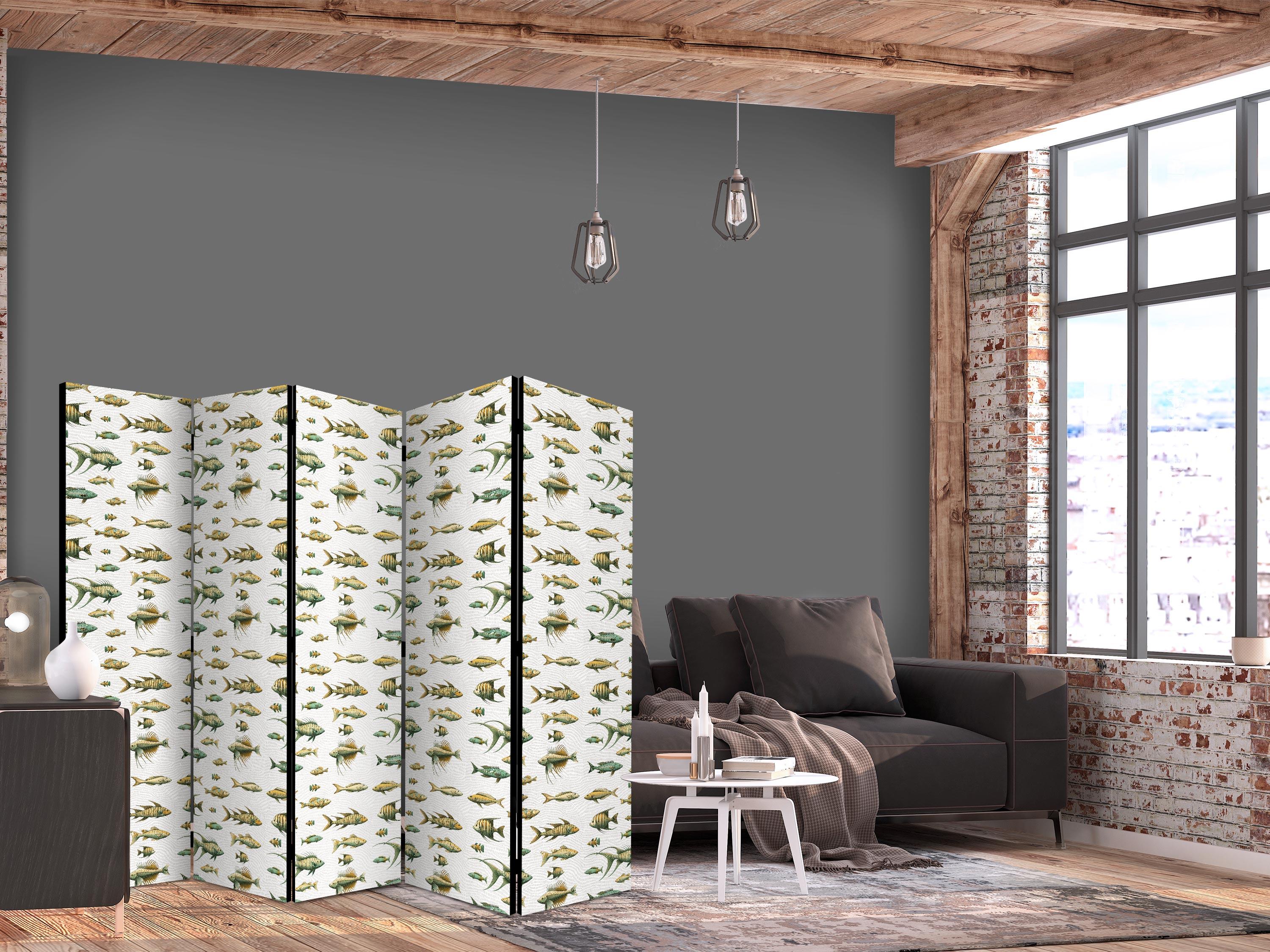 5-panels skærmvæg med usædvanlige fisk i retrostil - beige 225 × 172 cm - 225 x 172 cm - Akustik