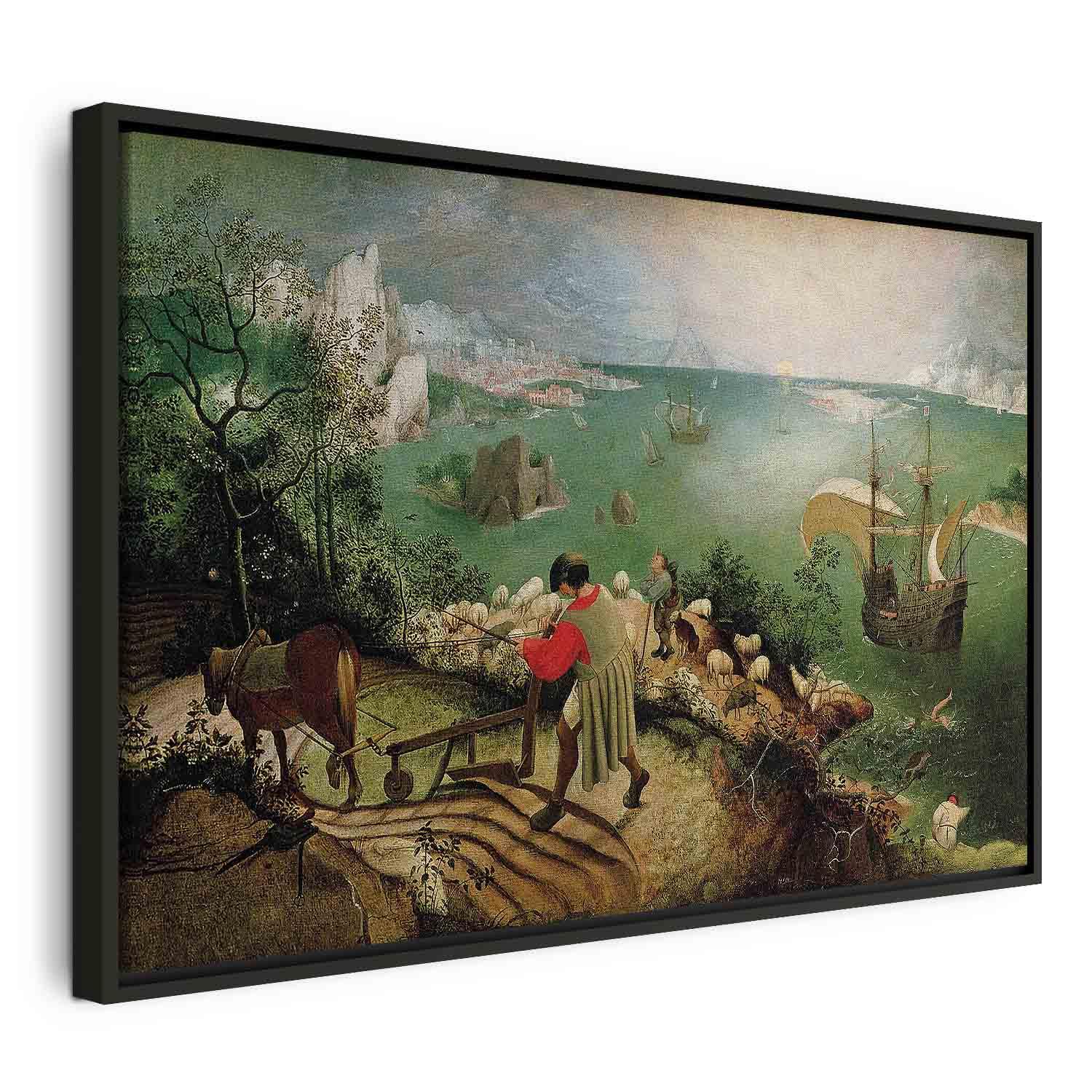 Pieter Bruegel den Ældre lærredsbillede - Landskab med Ikaros' fald - 60 x 40 cm - I en sort træramme