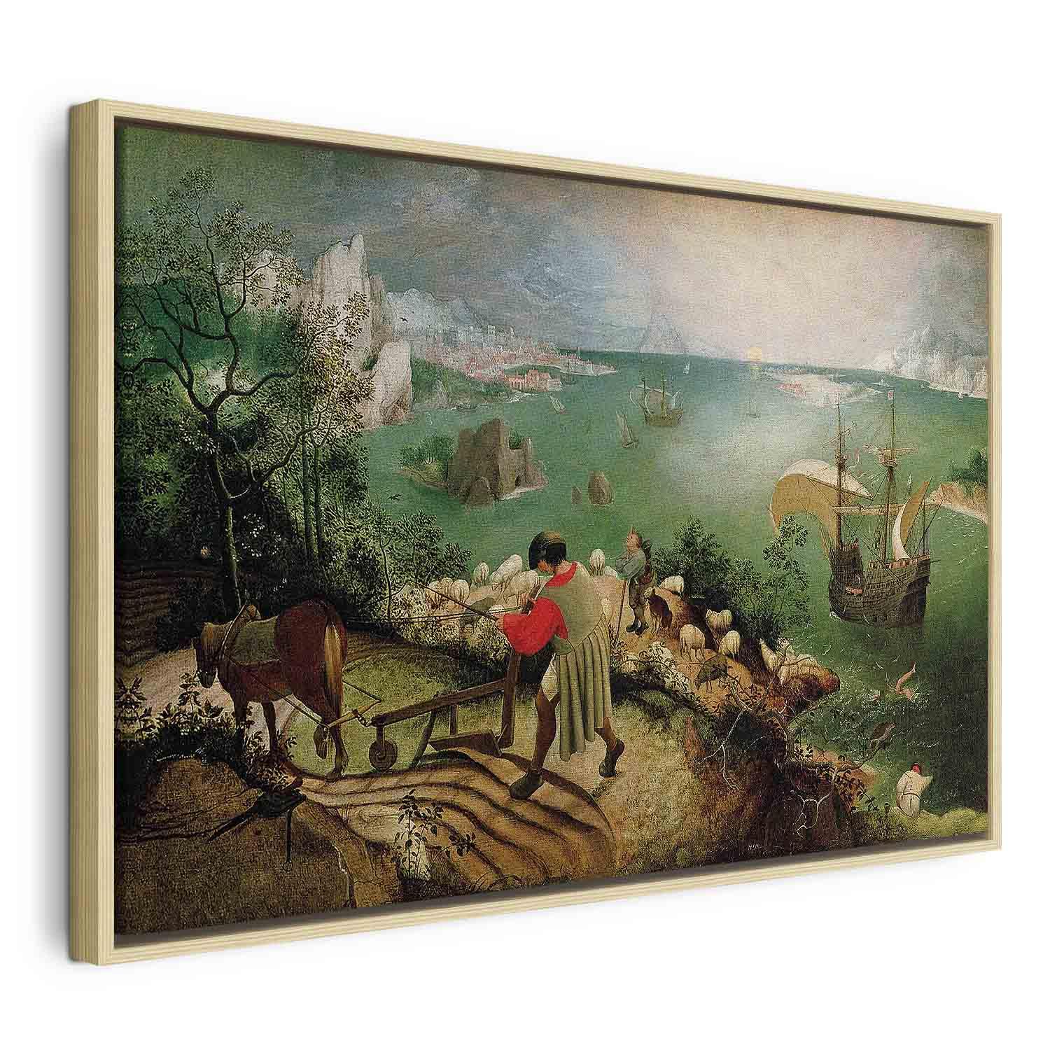 Pieter Bruegel den Ældre lærredsbillede - Landskab med Ikaros' fald - 60 x 40 cm - I en naturlig træramme