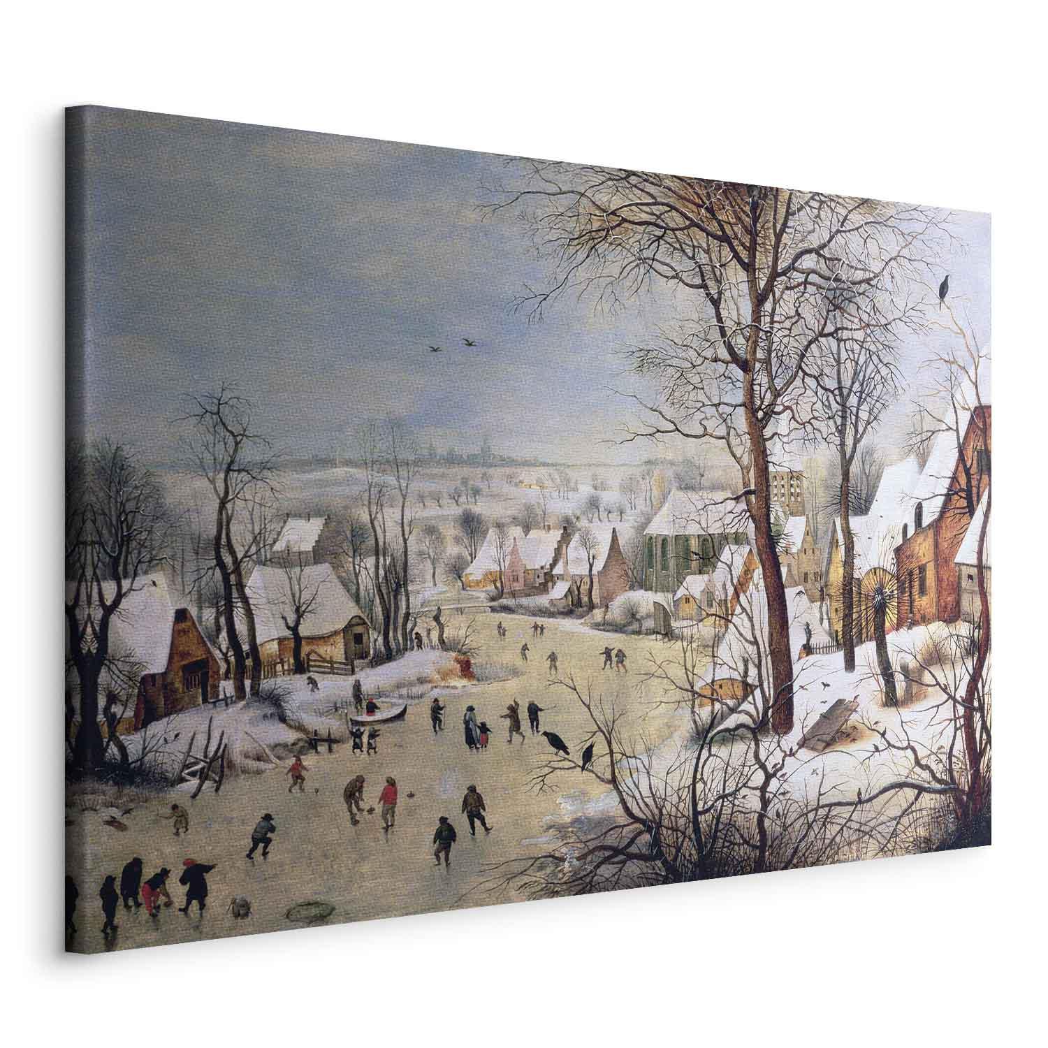 Pieter Bruegel den Ældre billede på lærred - Vinterlandskab med fuglefælde - 30 x 20 cm - På italiensk lærred