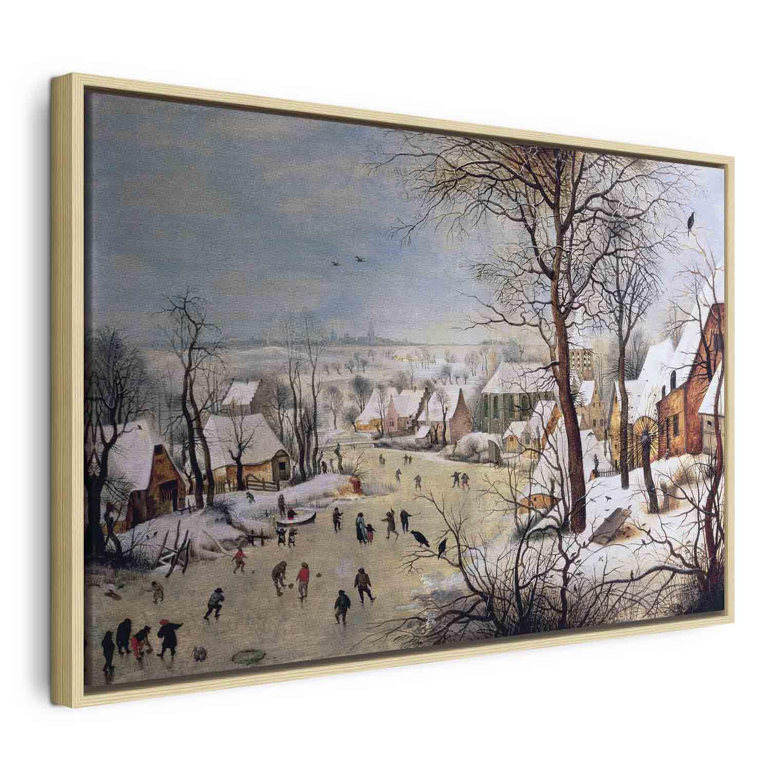 Pieter Bruegel den Ældre billede på lærred - Vinterlandskab med fuglefælde - 120 x 80 cm - I en naturlig træramme