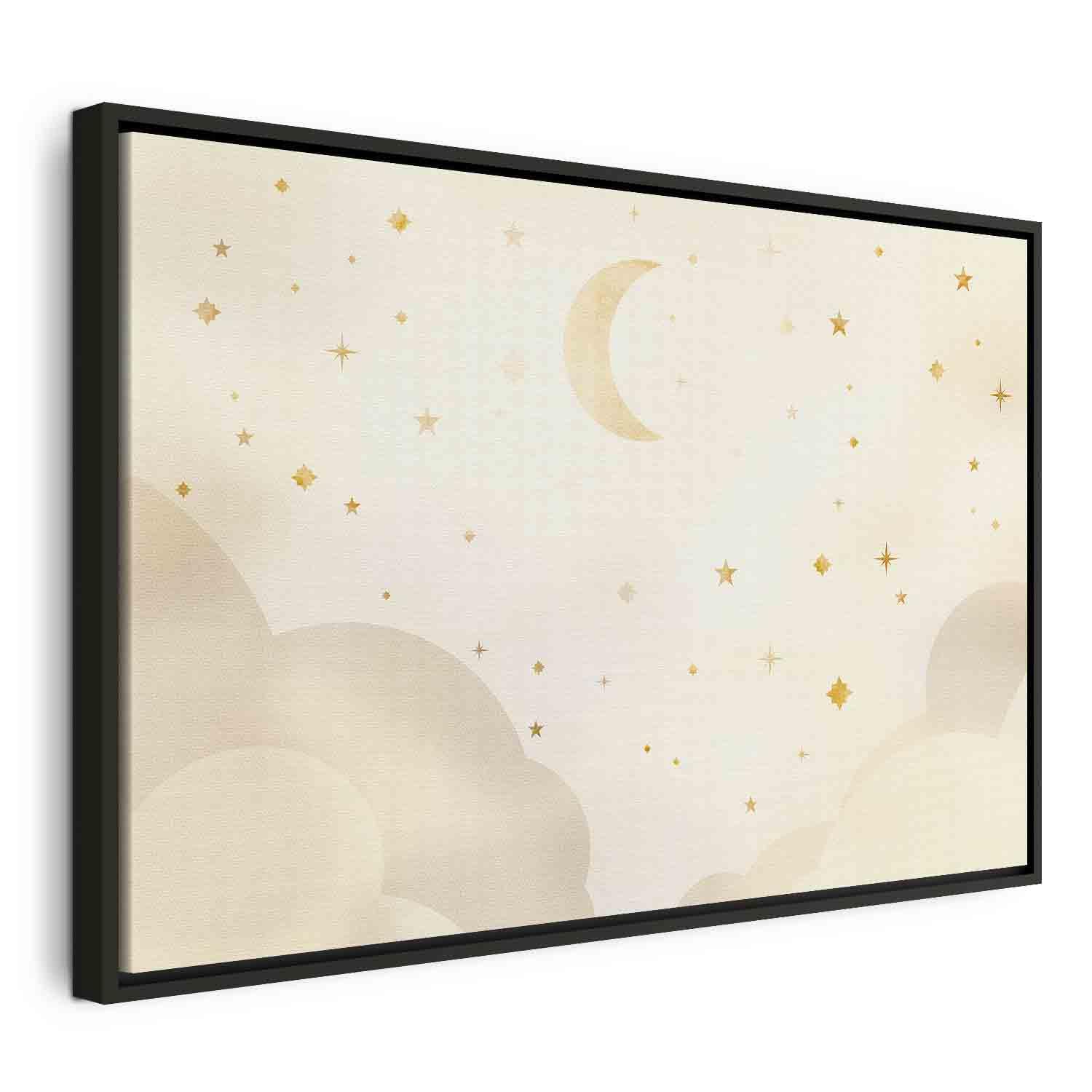 Billede på lærred til børneværelset - Lys nat med måne og stjerner - 120 x 80 cm - I en sort træramme