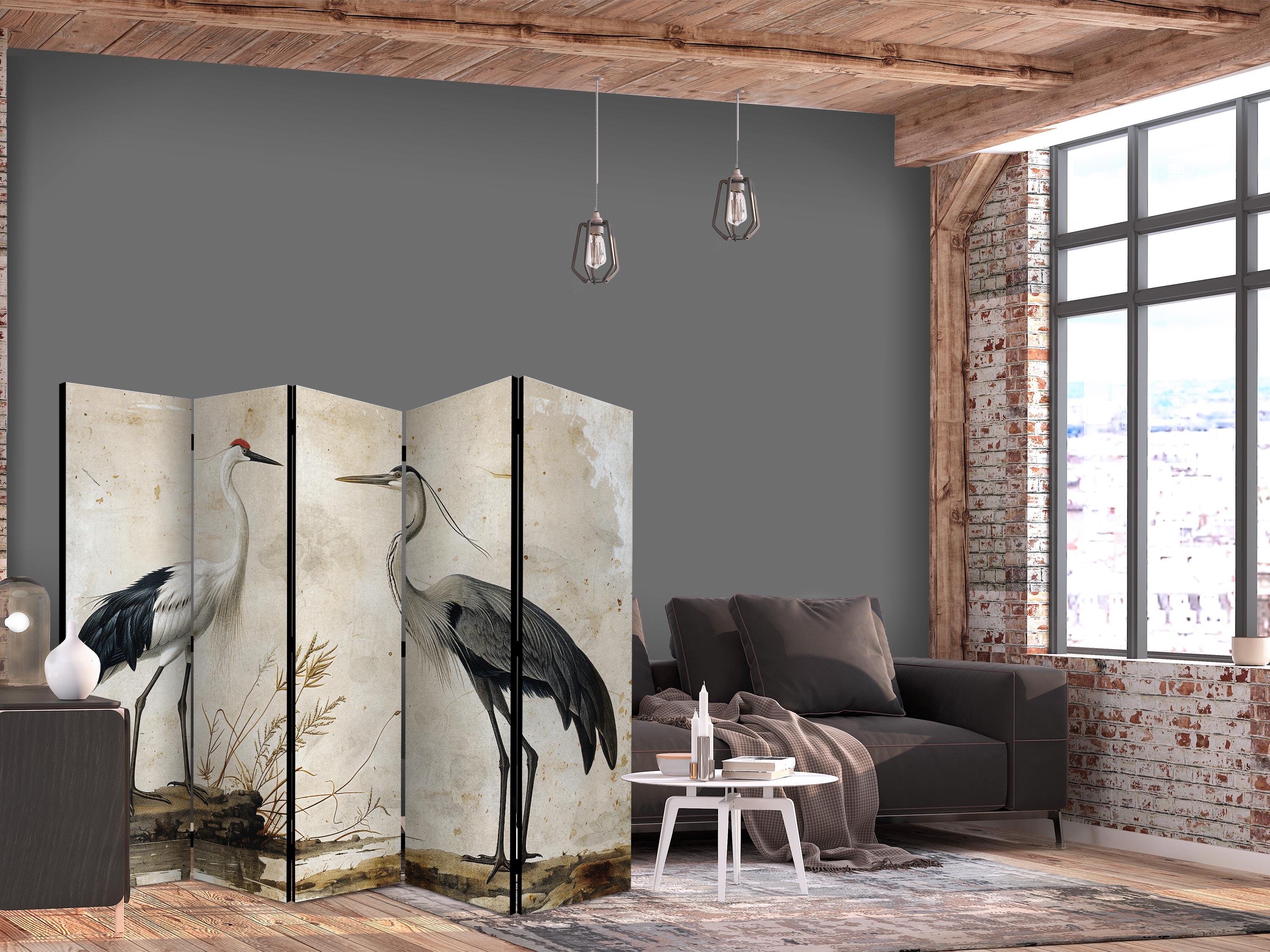 Skærmvæg med fuglemotiv i vintagestil - hejre og trane, 225 x 172 cm - 225 x 172 cm - Enkeltsiddet