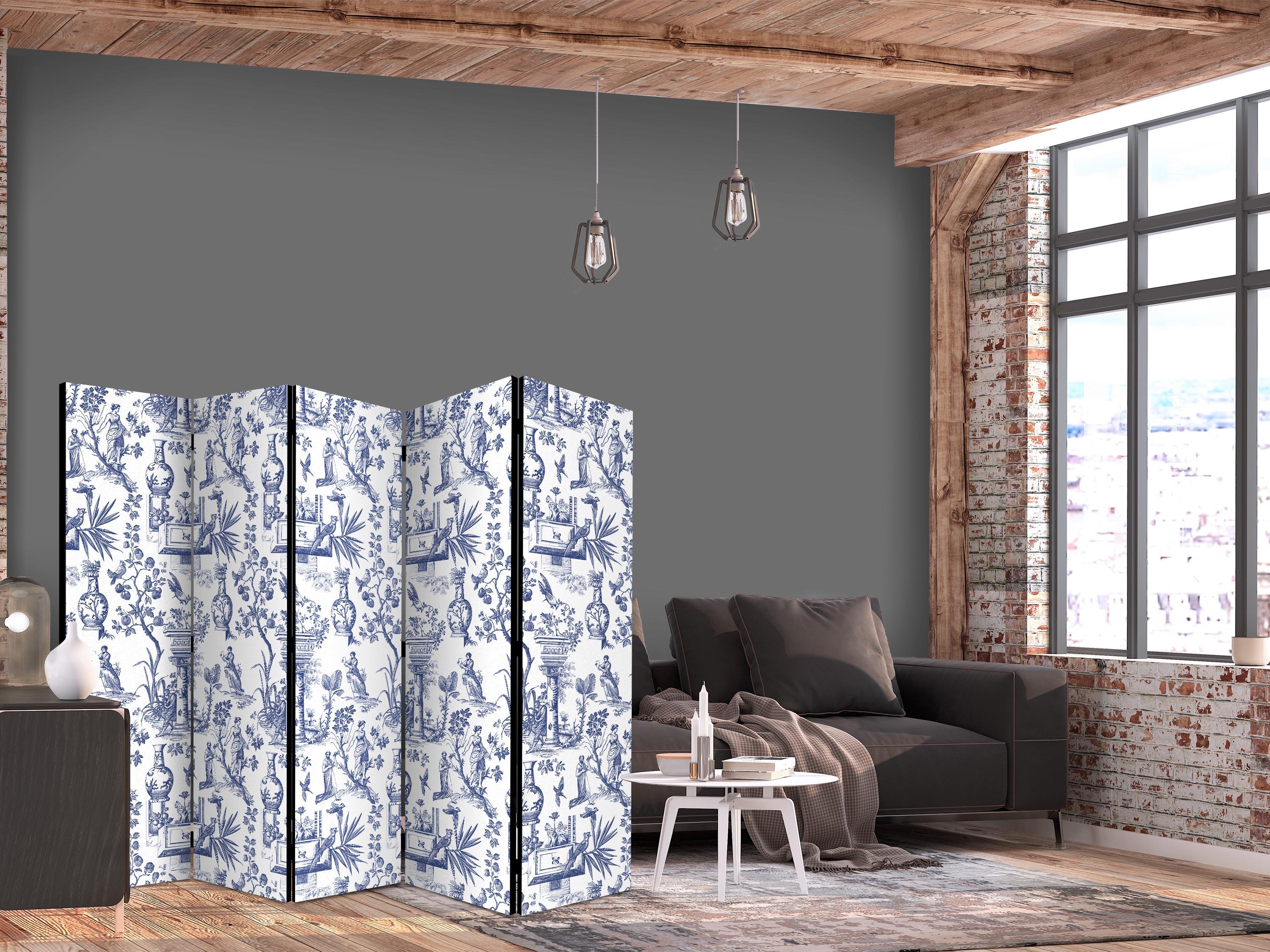 5-panels skærmvæg Rom og botanik - blåt mønster med græsk og botanisk motiv - 225 x 172 cm - Akustik