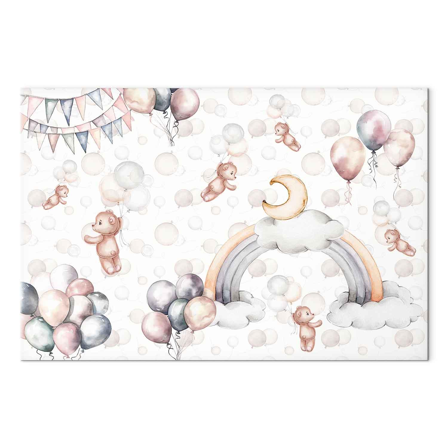 Billede på lærred til børn med bamser, balloner og regnbue i pastelfarver - 120 x 80 cm - Premium Print