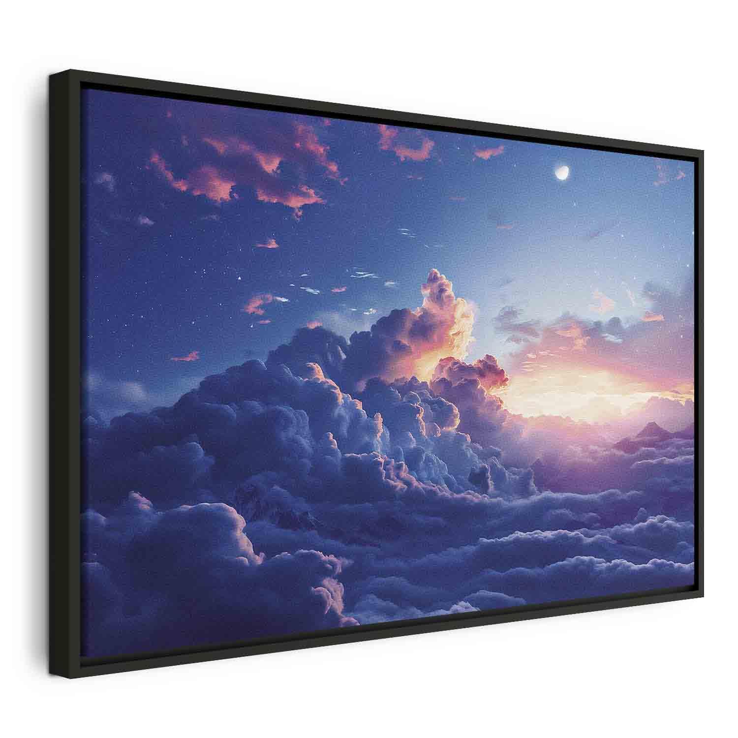 Lærredsbillede Natkoncert i Bjergene med Skyer og Solnedgang - 120 x 80 cm - I en sort træramme