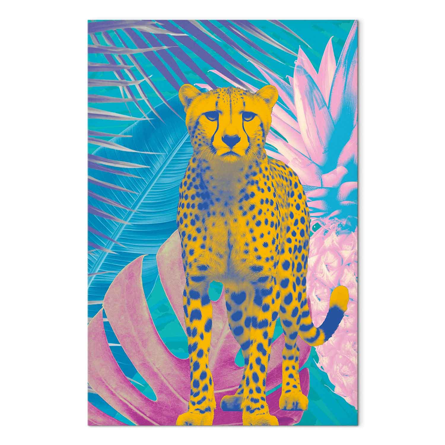 Billede på lærred Exotic Leopard - farverigt gepardmotiv med tropiske blade - 20 x 30 cm - Premium Print