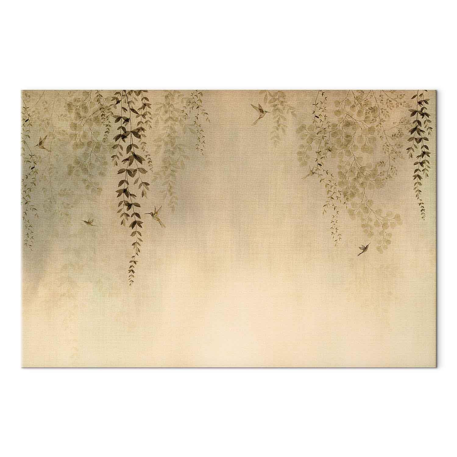 Lærredsbillede Spring Orchard - Kolibrier blandt grene i beige nuancer - 120 x 80 cm - Premium Print