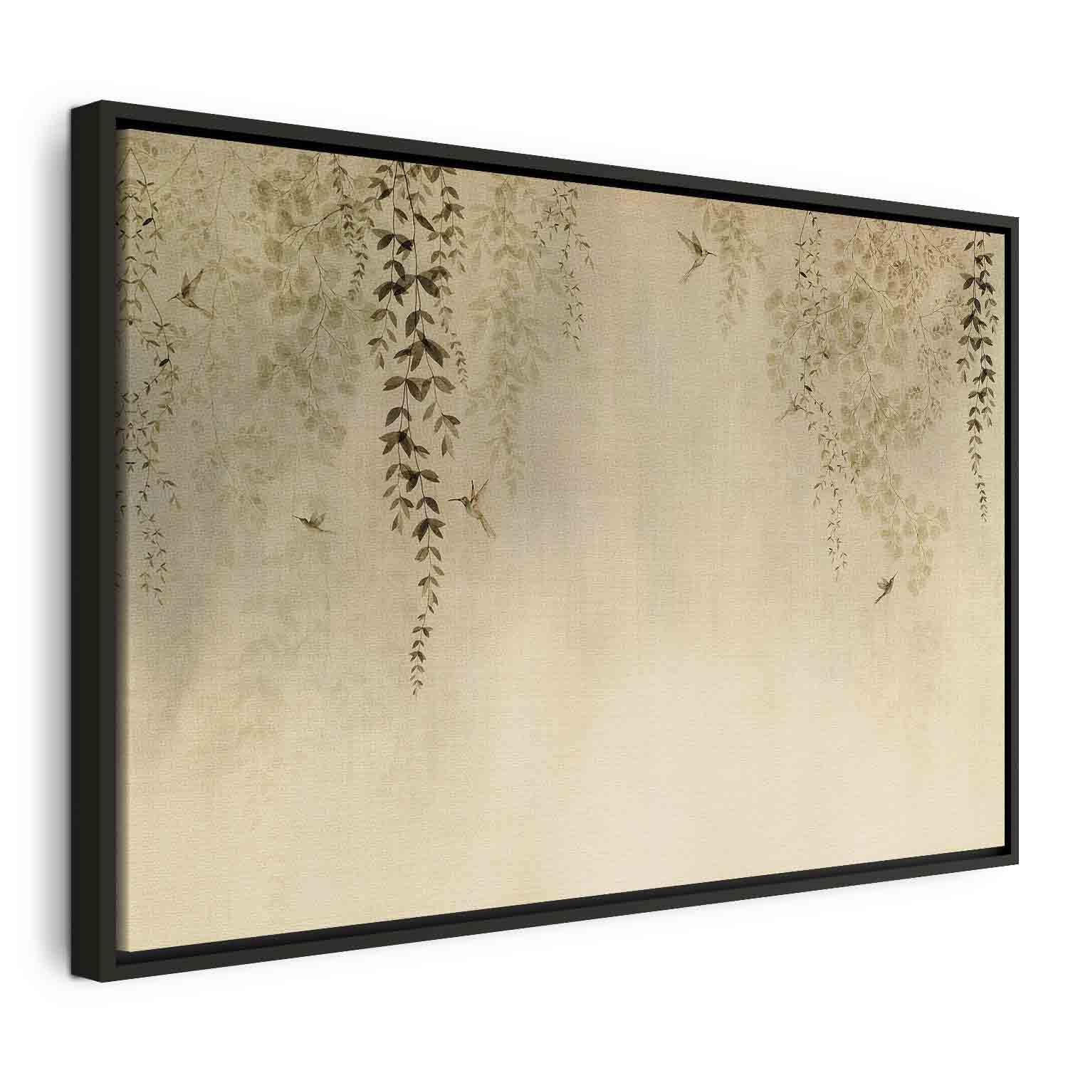 Lærredsbillede Spring Orchard - Kolibrier blandt grene i beige nuancer - 120 x 80 cm - I en sort træramme