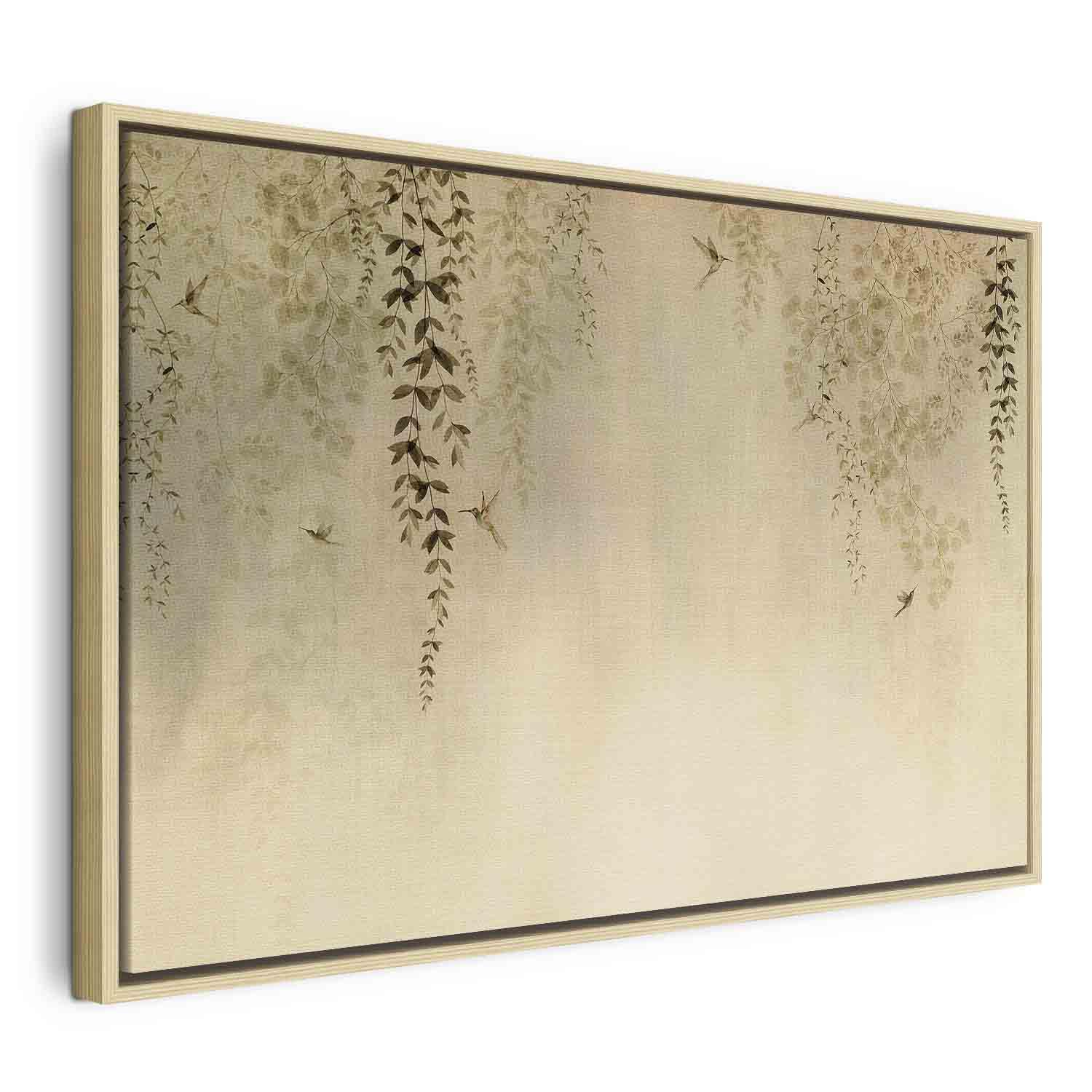 Lærredsbillede Spring Orchard - Kolibrier blandt grene i beige nuancer - 120 x 80 cm - I en naturlig træramme