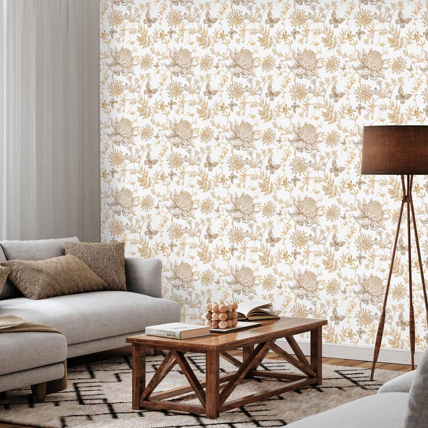 Blomstertapet med beige blomster og sommerfugle på hvid baggrund - 50 x 1000 cm - Standard