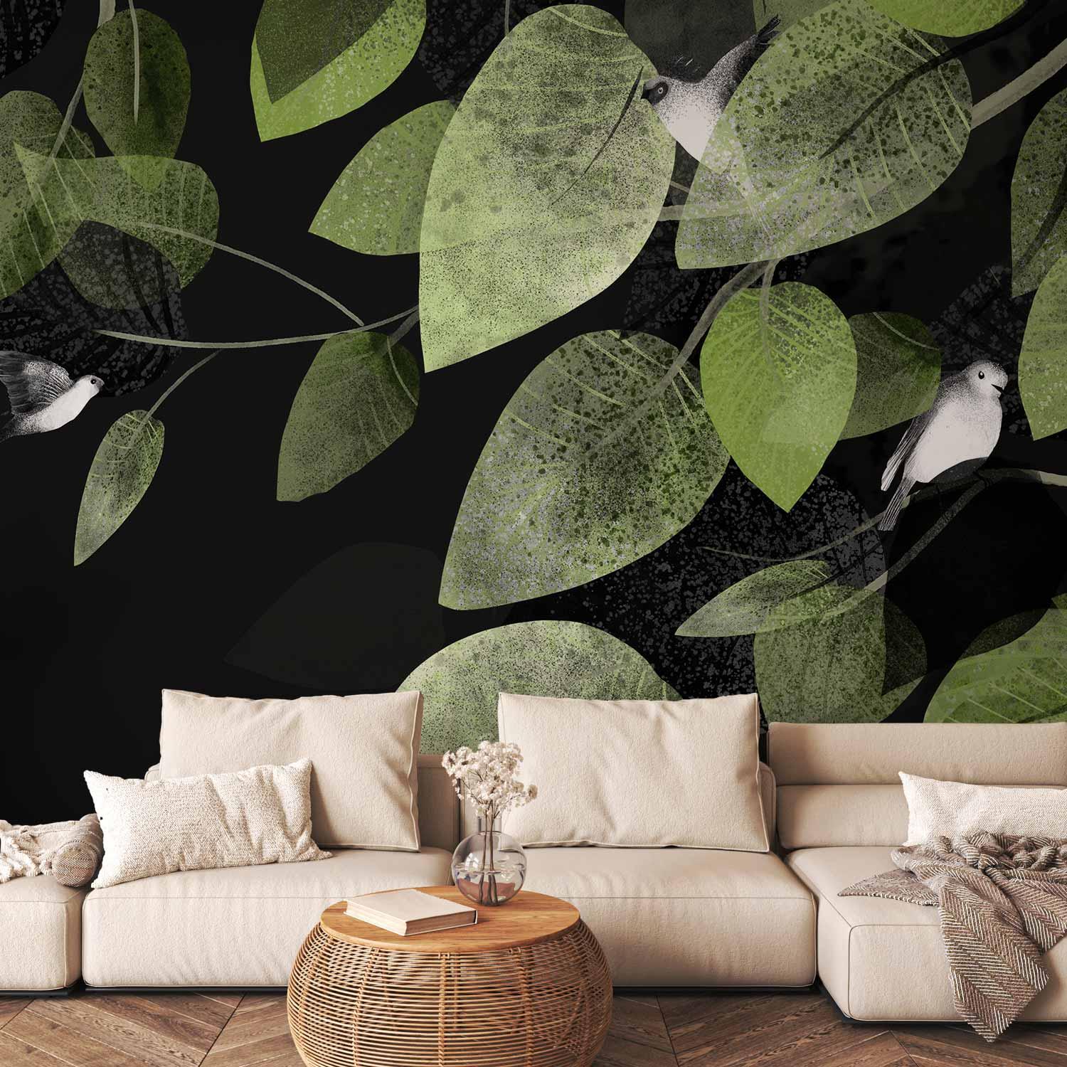 Fototapet Fugleferie - tredje variant med blade - 300 x 210 cm - Premium