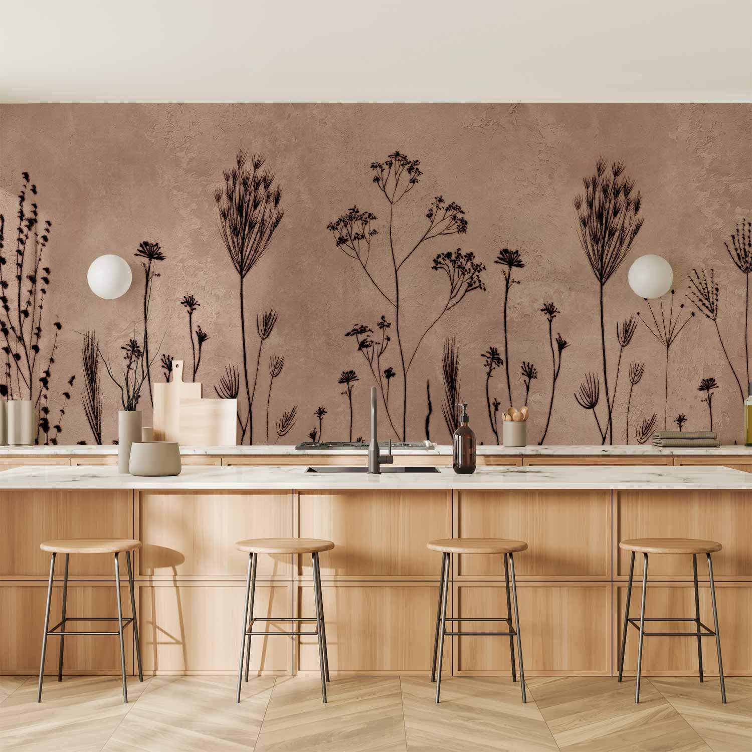 Fototapet Wildflowers - sorte blomster på kalkvasket baggrund - 450 x 315 cm - Vandtæt