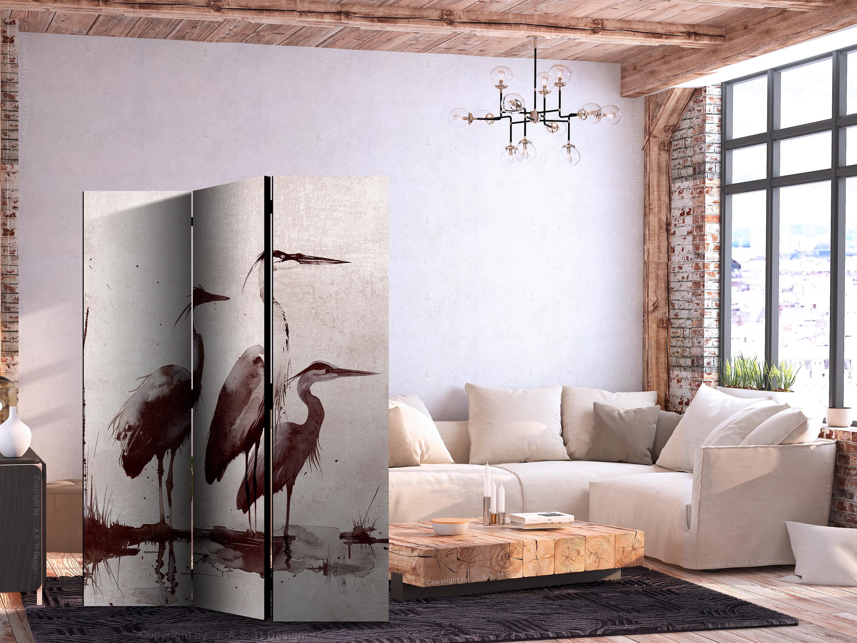 Skærmvæg med hejrer i blæk 135 x 172 cm - 135 x 172 cm - Dobbeltsiddet