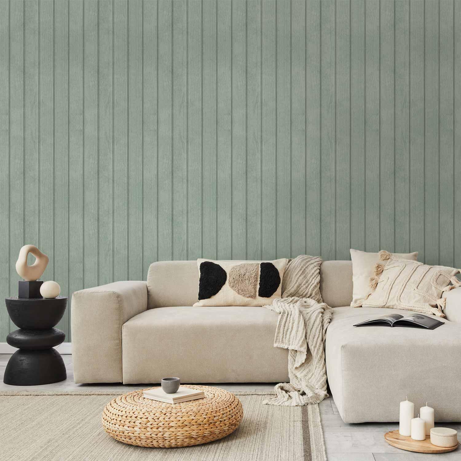 Tapet Delikat Træ med lodrette striber i pastelgrøn - 50 x 1000 cm - Standard