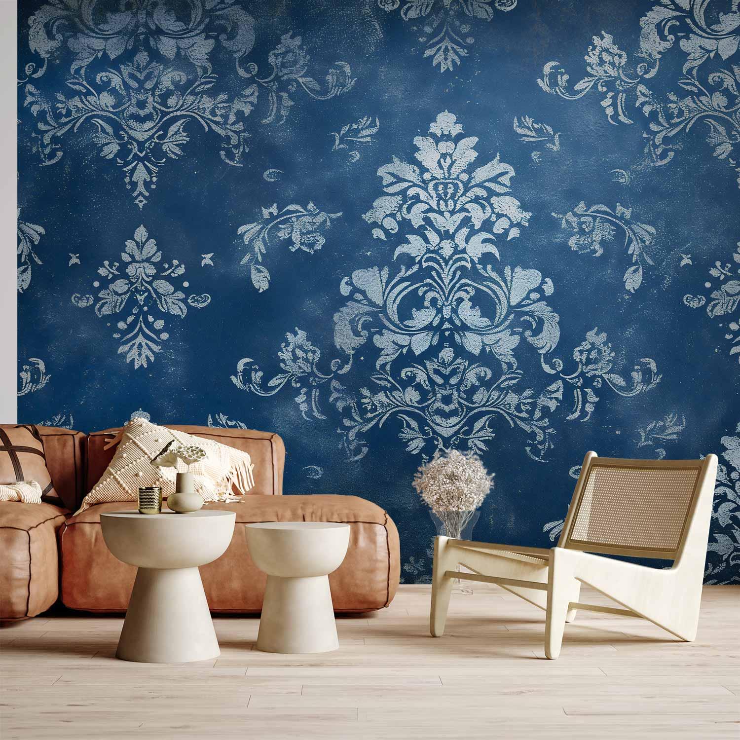 Fototapet med retro ornamenter i slidte blå nuancer - 500 x 350 cm - Standard