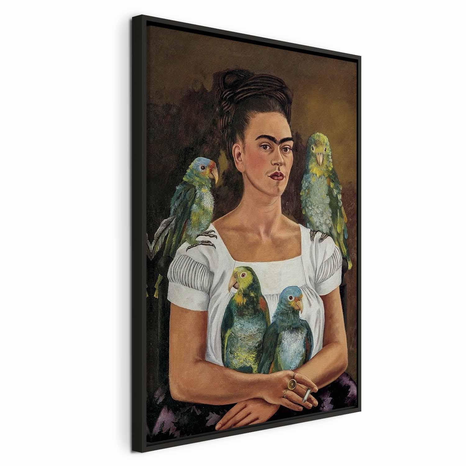Frida Kahlo billede på lærred - Jeg og mine papegøjer - 60 x 90 cm - I en sort træramme