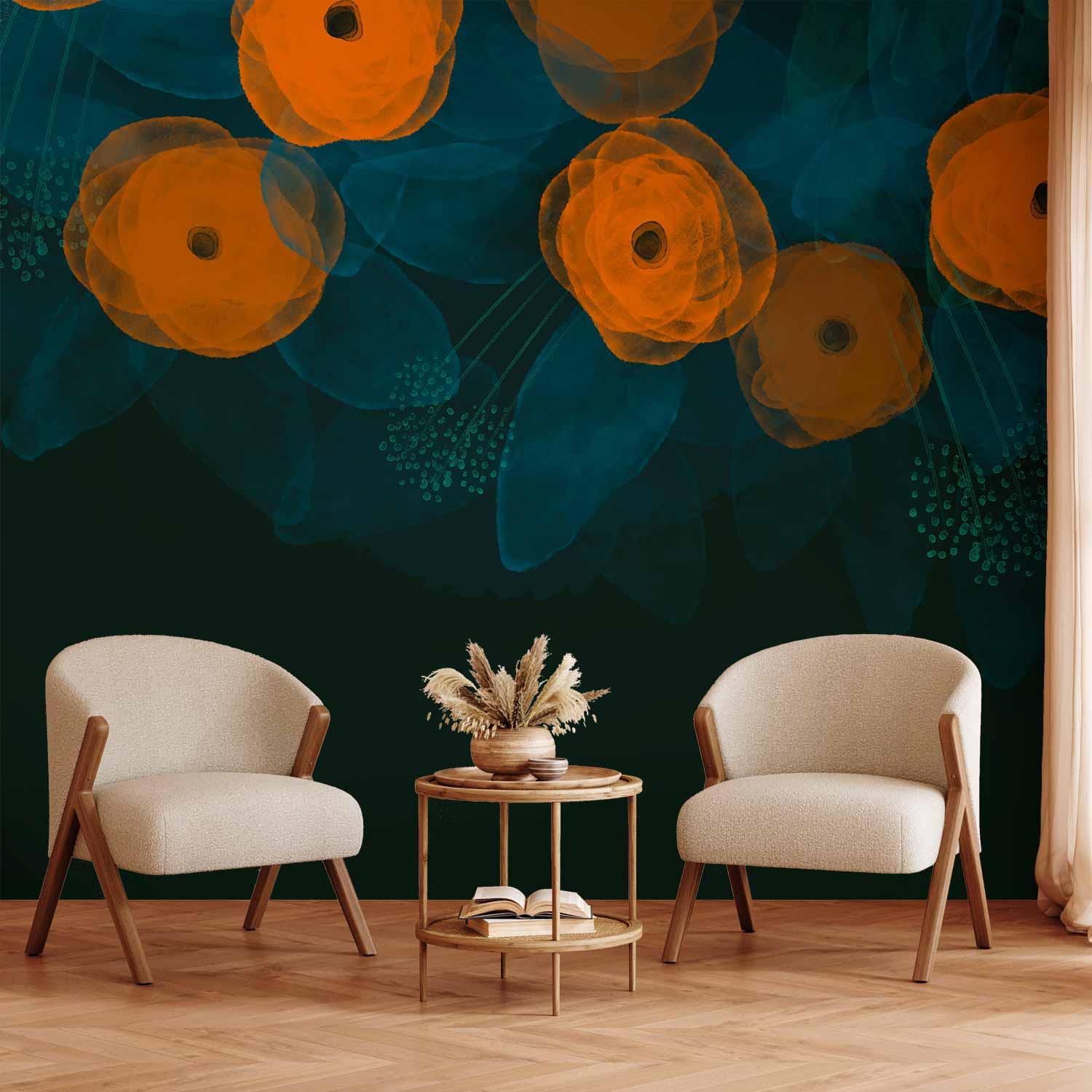 Fototapet med akvarelblomster i orange på mørk bladbaggrund - 98 x 70 cm - Selvklæbende