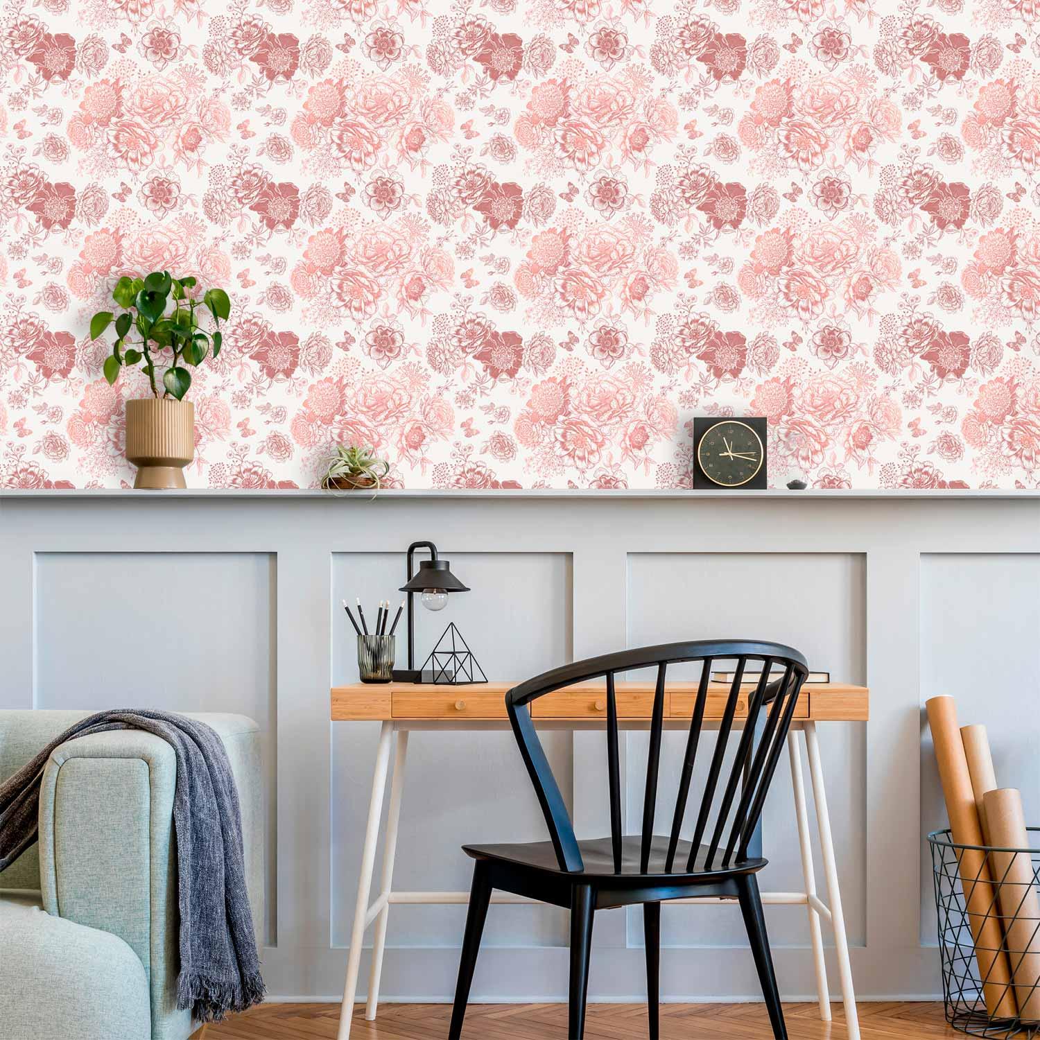 Blomstertapet med lyserøde blomster på hvid baggrund - 50 x 1000 cm - Standard