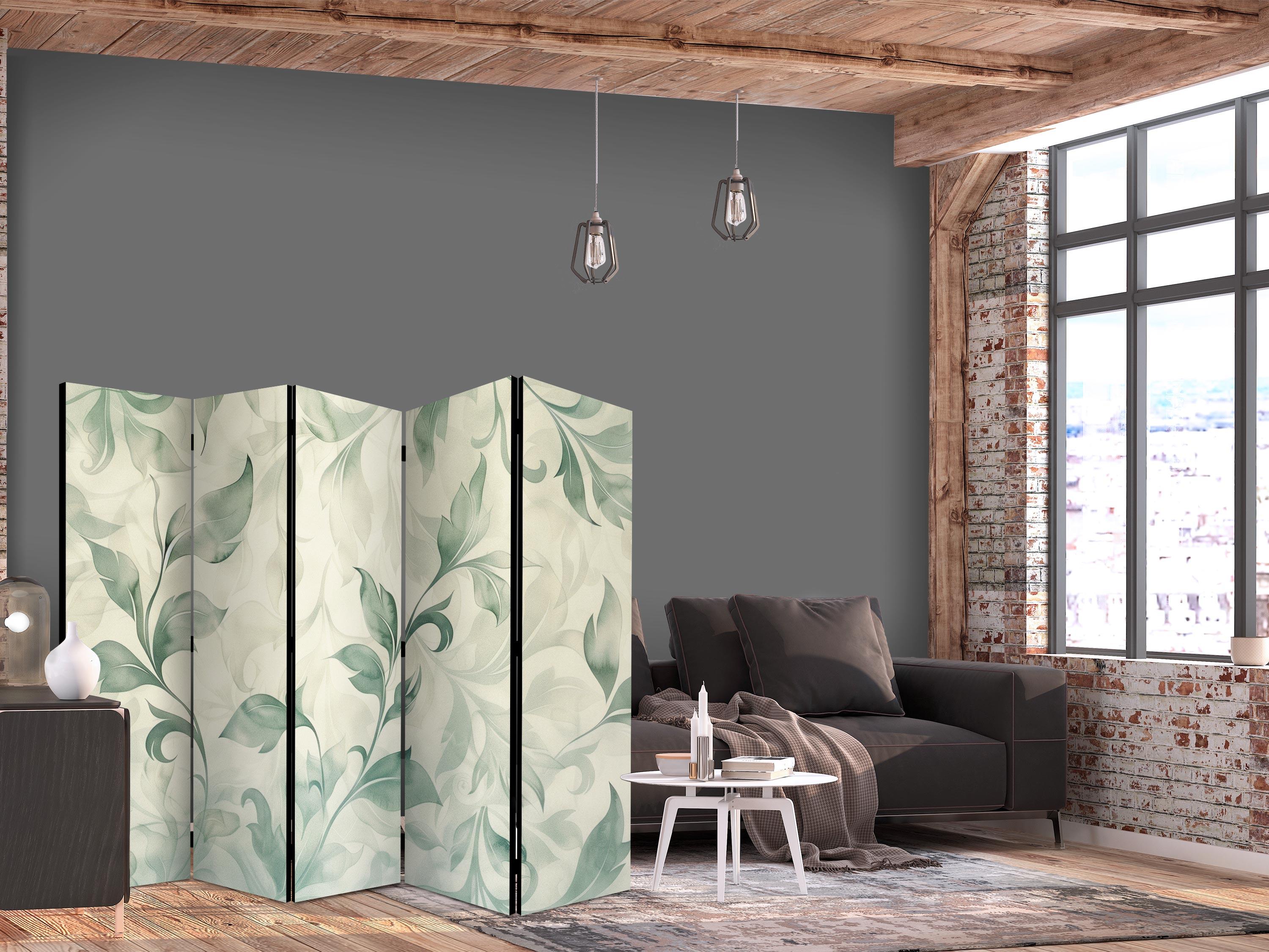 Skærmvæg med akvarel botanisk motiv - sarte grøn-beige blade - 225 x 172 cm - Akustik