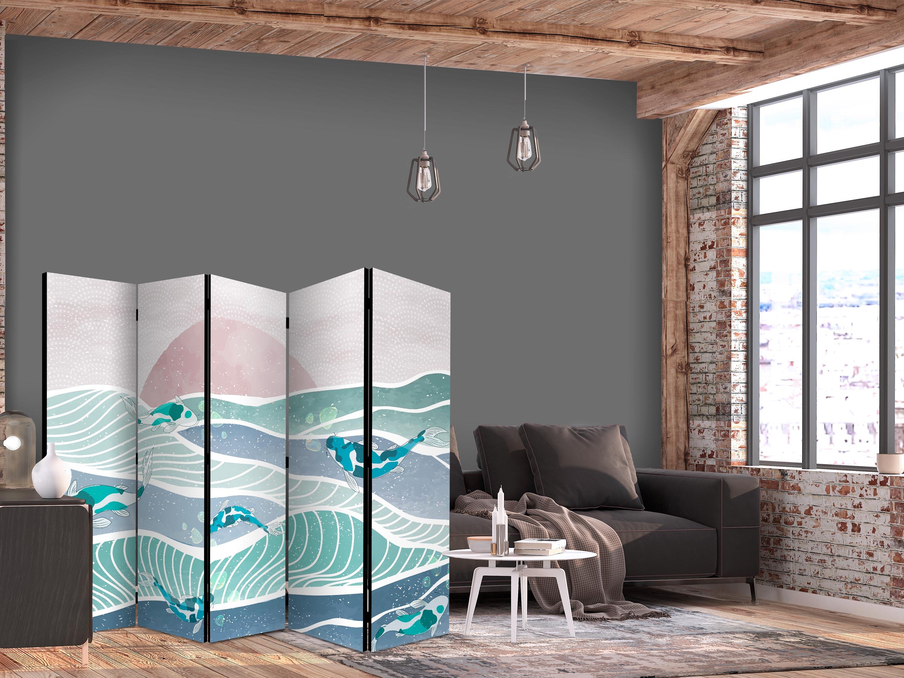 Skærmvæg med koi fisk og solnedgang - 5-panels rumdeler 225 x 172 cm - 225 x 172 cm - Akustik