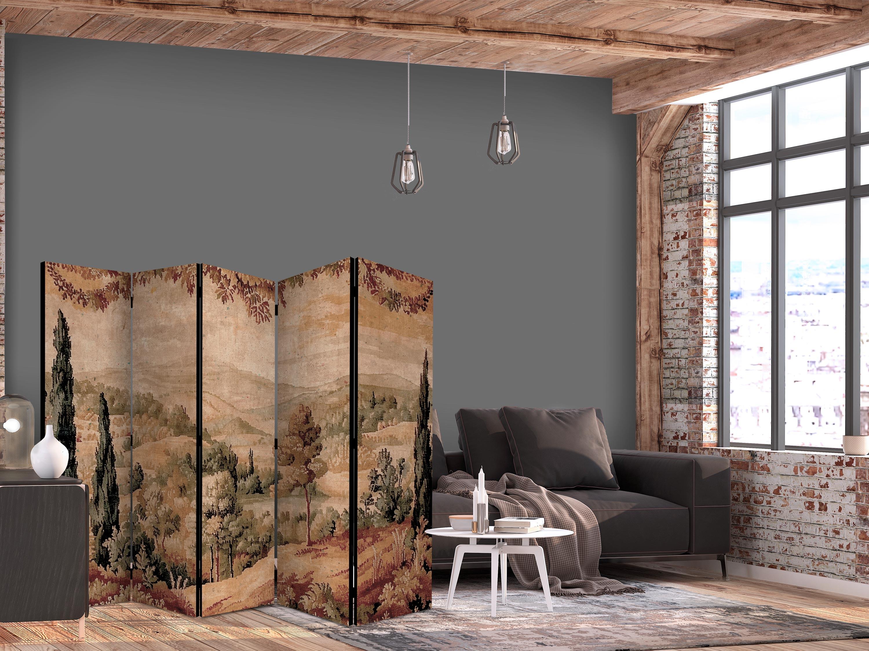 Skærmvæg med landskab og cypresser - 5-panels rumdeler i gammelt gobelinmotiv - 225 x 172 cm - Akustik