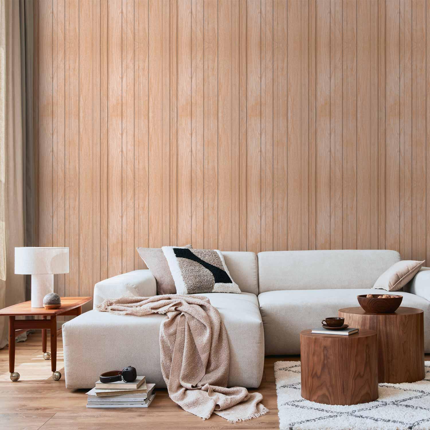 Tapet Light Wood med lodrette paneler i varm beige - 50 x 1000 cm - Standard
