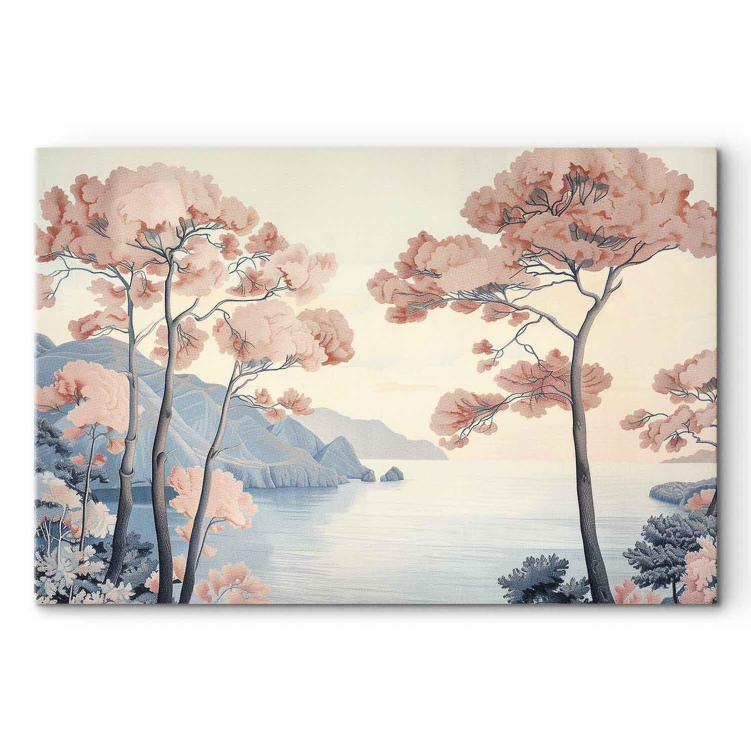 Landskabsbillede på lærred med havklipper og træer i sarte rosa nuancer - 90 x 60 cm - Premium Print
