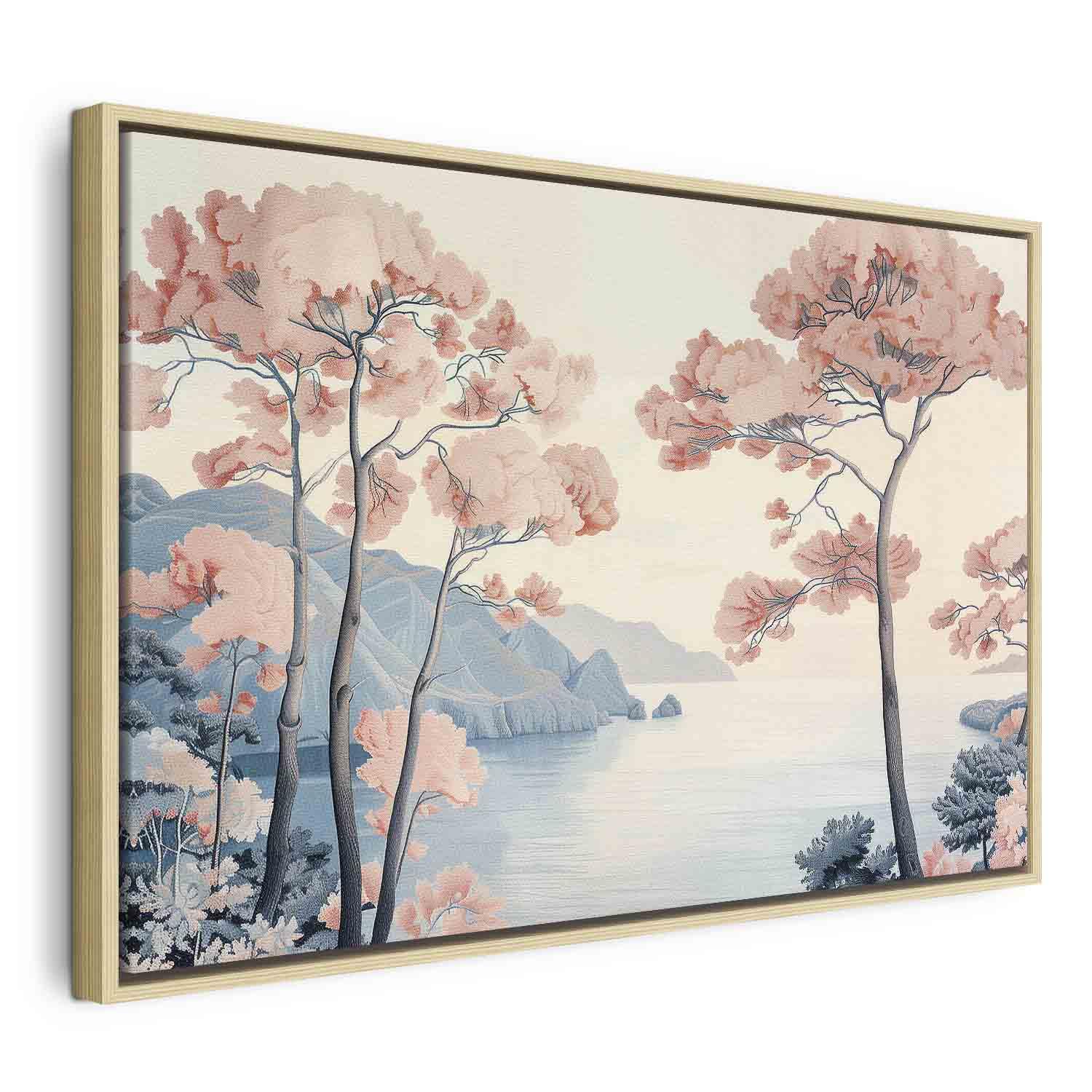 Landskabsbillede på lærred med havklipper og træer i sarte rosa nuancer - 120 x 80 cm - I en naturlig træramme