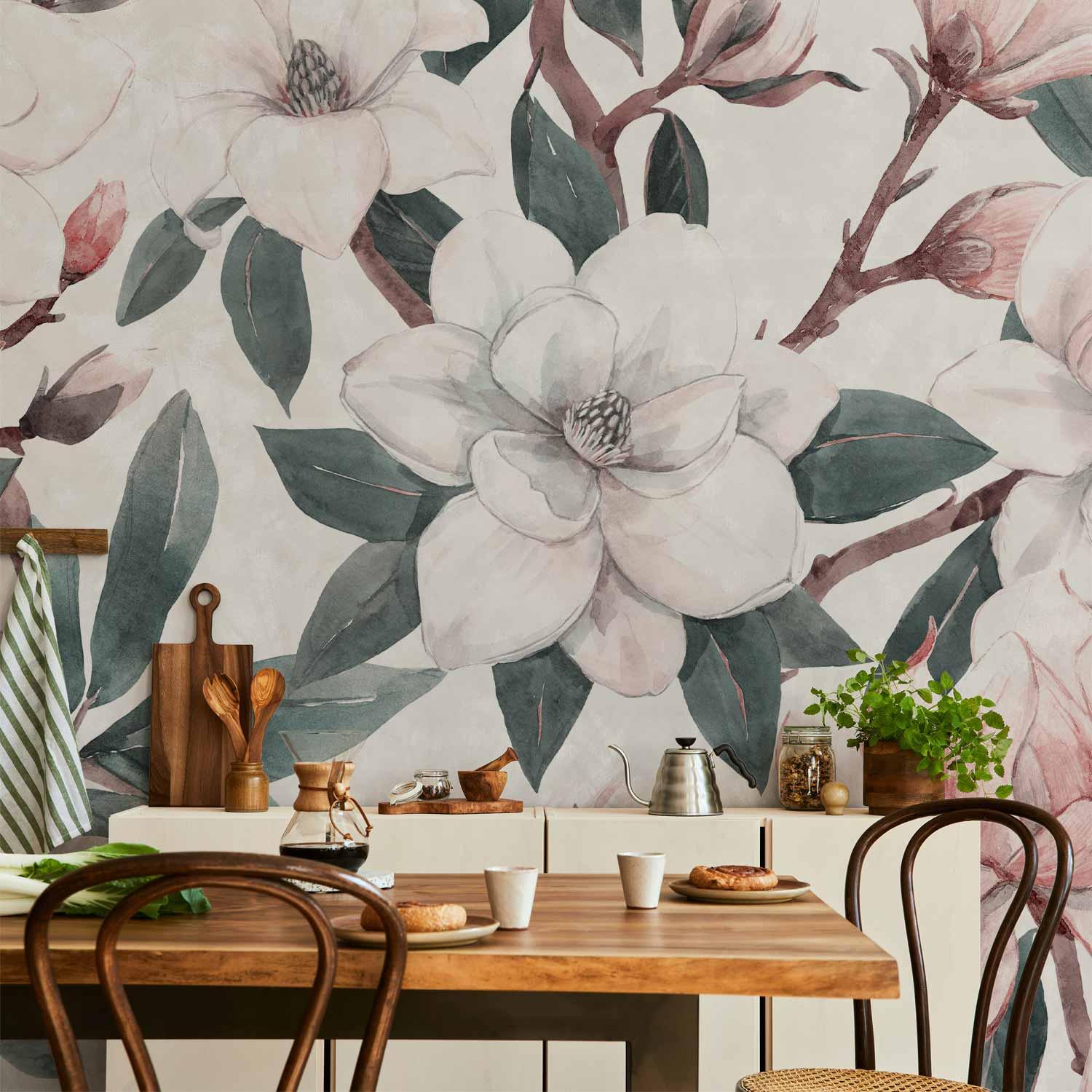 Fototapet med akvarel-magnolier - anden variant - 100 x 70 cm - Vandtæt