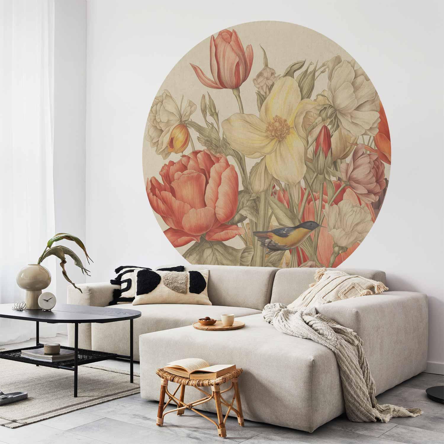 Rundt fototapet med blomster på cremefarvet baggrund - 140 x 140 cm