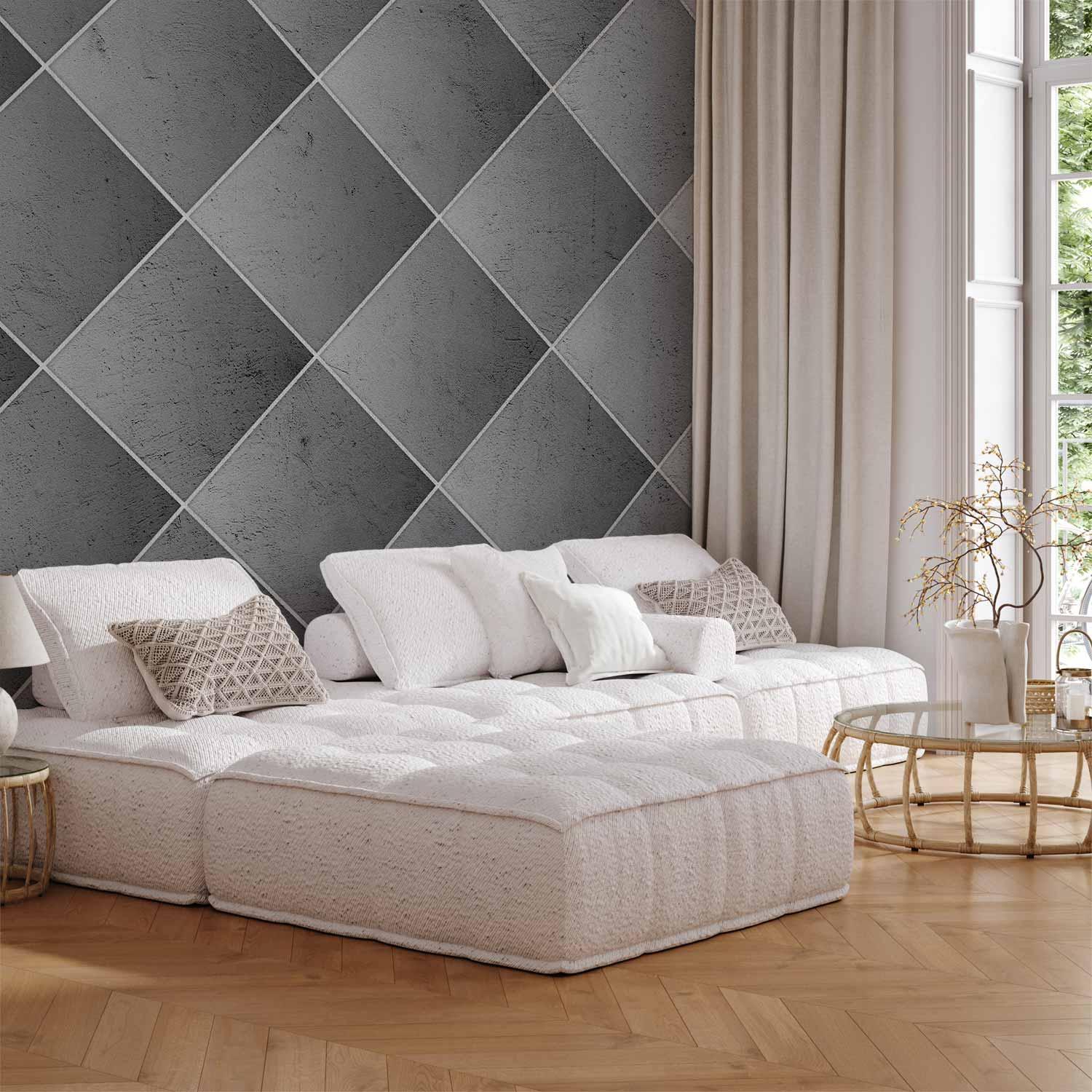 Fototapet Grå Symmetri - geometrisk betonmønster med hvide fuger - 100 x 70 cm - Standard