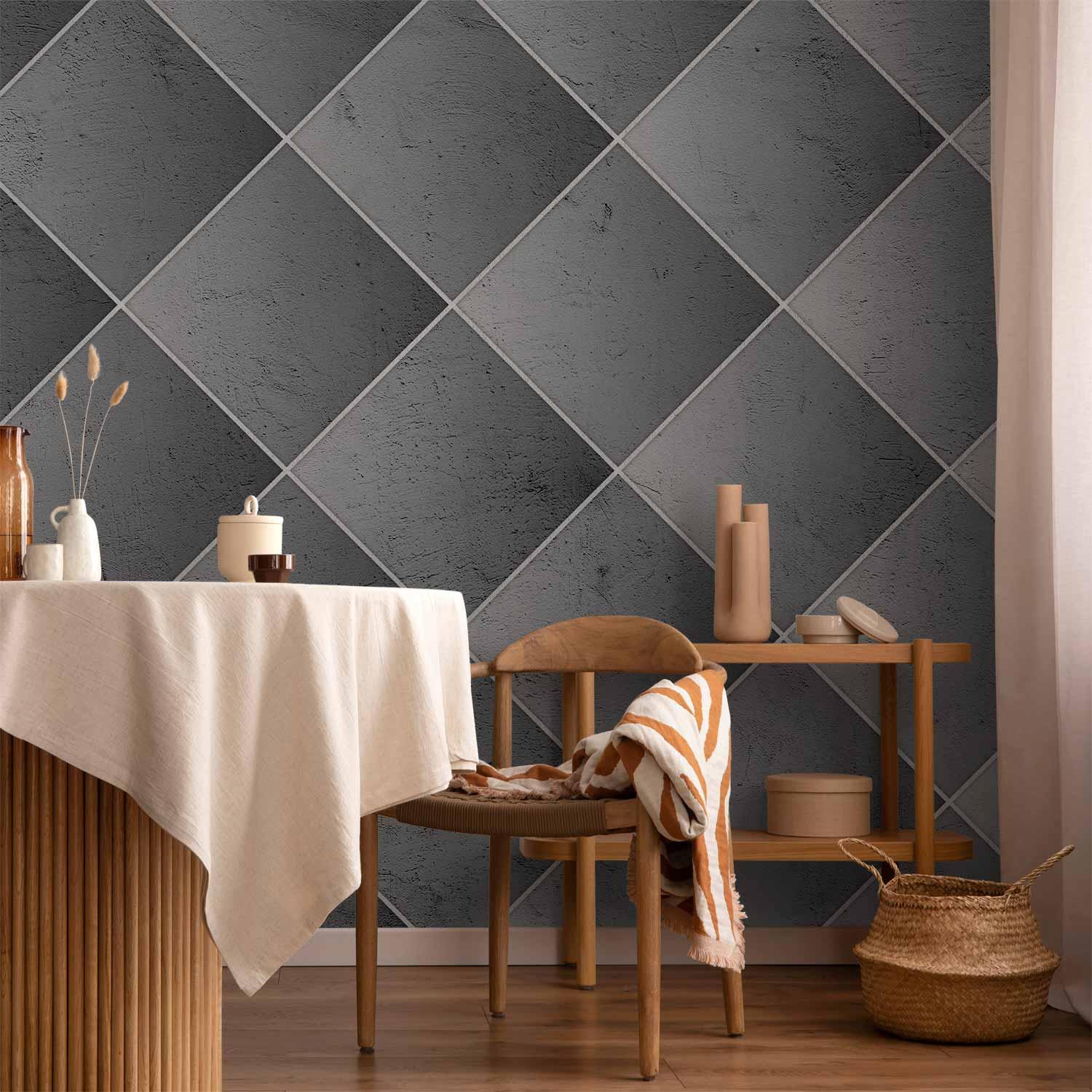 Fototapet Grå Symmetri - geometrisk betonmønster med hvide fuger - 400 x 280 cm - Vandtæt