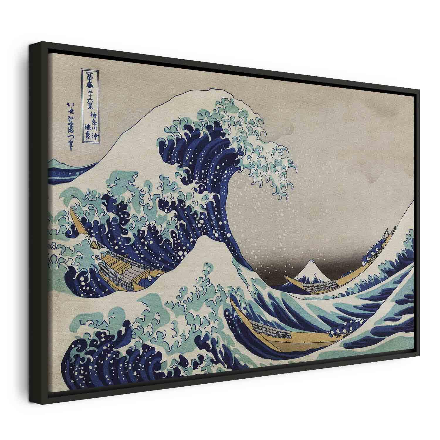 Hokusai Katsushika billede på lærred - Den store bølge ud for Kanagawa - 60 x 40 cm - I en sort træramme